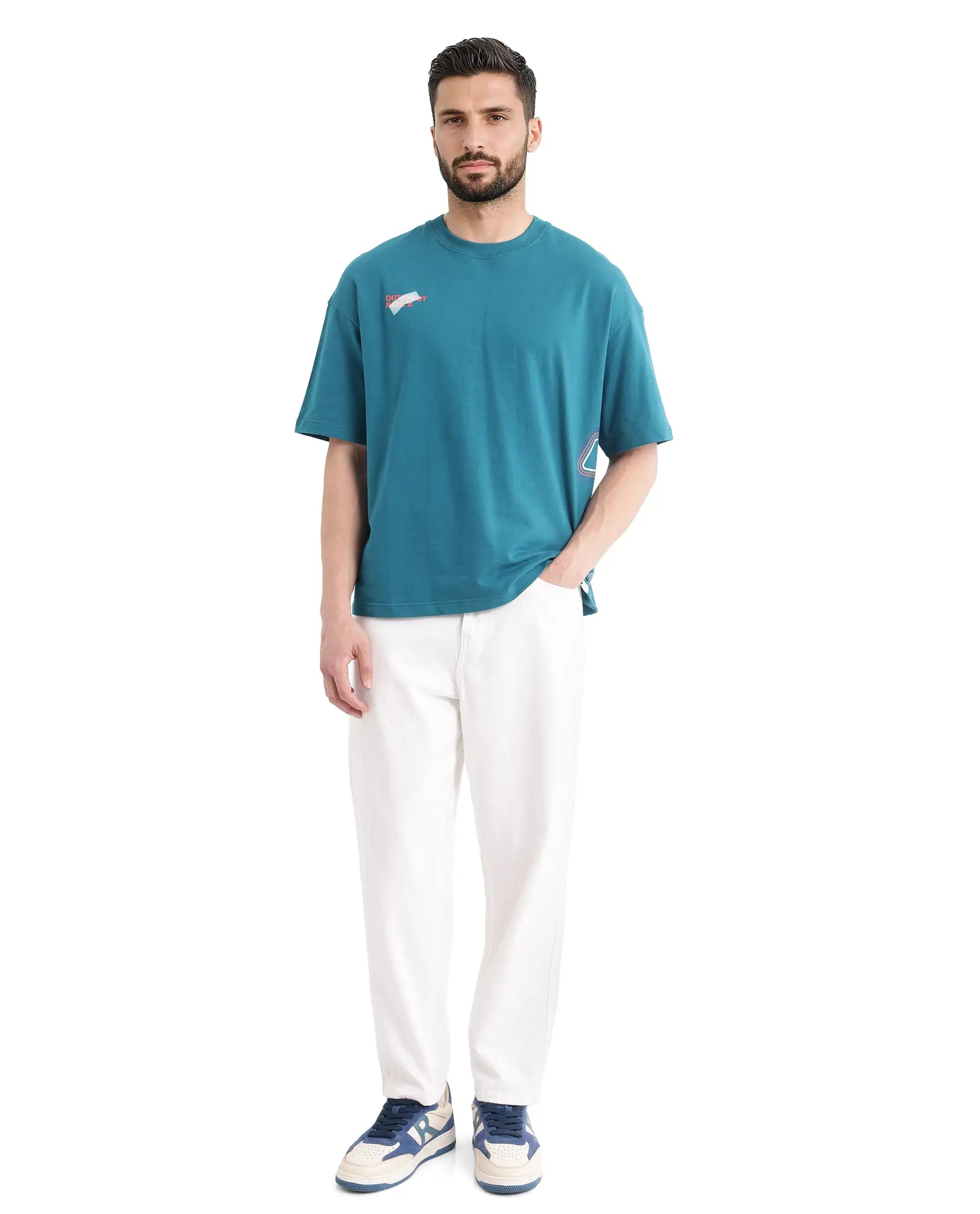 Rare Rabbit Men Klas Teal Cotton Fabric Short Sleeve Crew Neck Oversized Fit All Over Placement Backprint T-Shirt