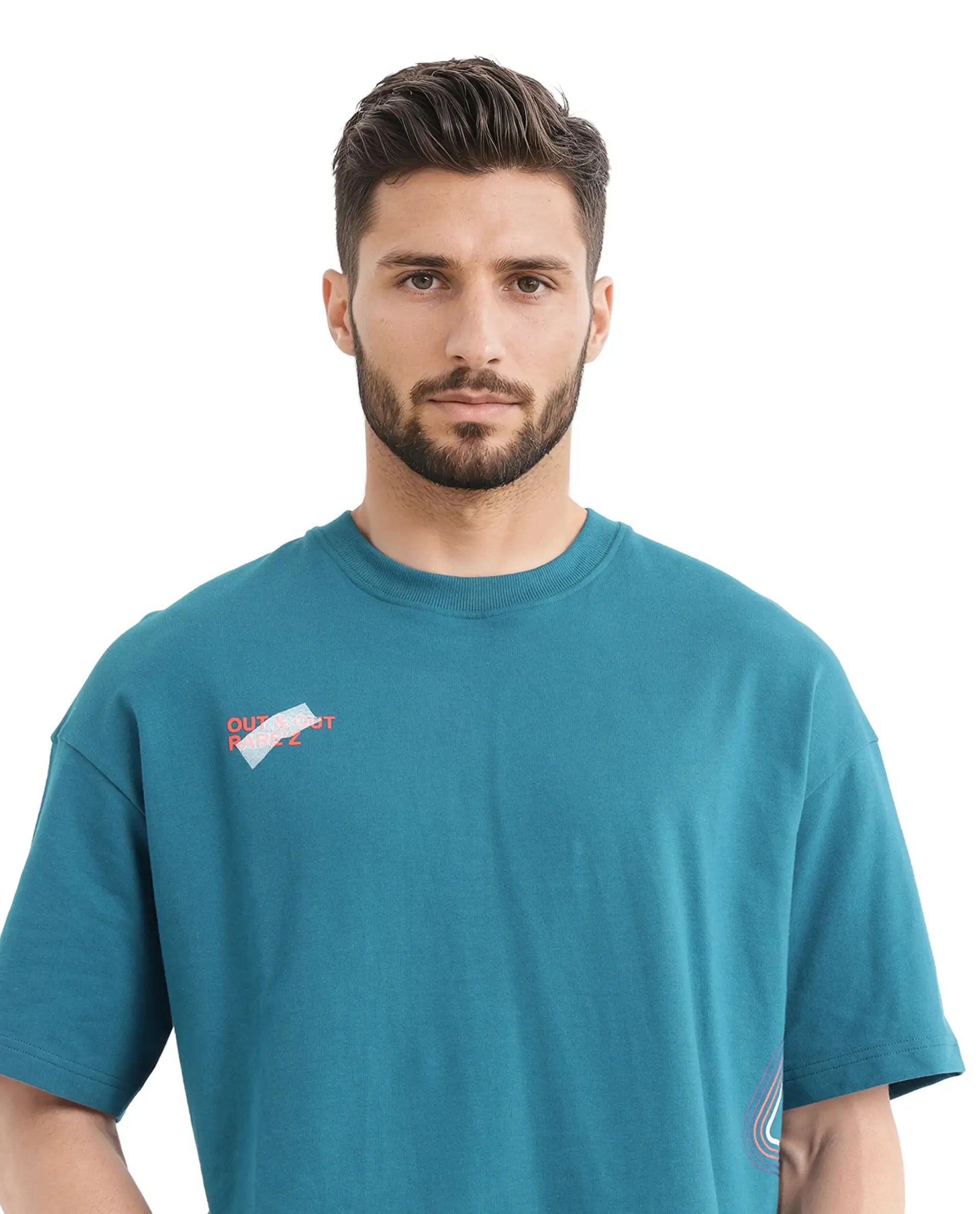 Rare Rabbit Men Klas Teal Cotton Fabric Short Sleeve Crew Neck Oversized Fit All Over Placement Backprint T-Shirt