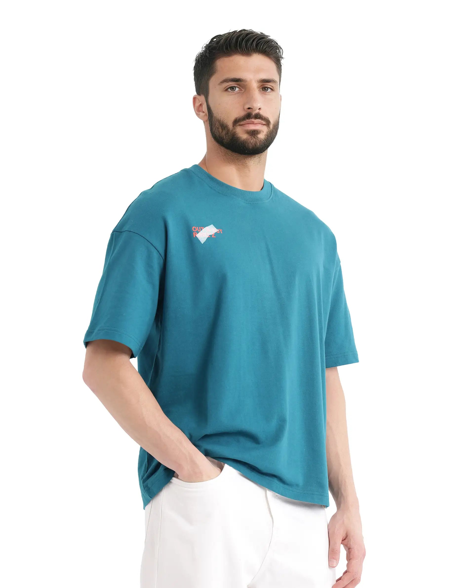 Rare Rabbit Men Klas Teal Cotton Fabric Short Sleeve Crew Neck Oversized Fit All Over Placement Backprint T-Shirt