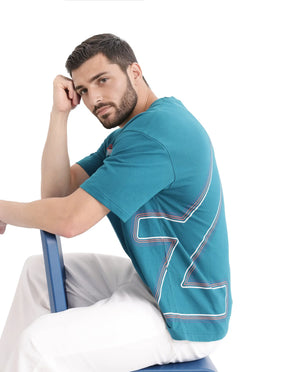 Rare Rabbit Men Klas Teal Cotton Fabric Short Sleeve Crew Neck Oversized Fit All Over Placement Backprint T-Shirt