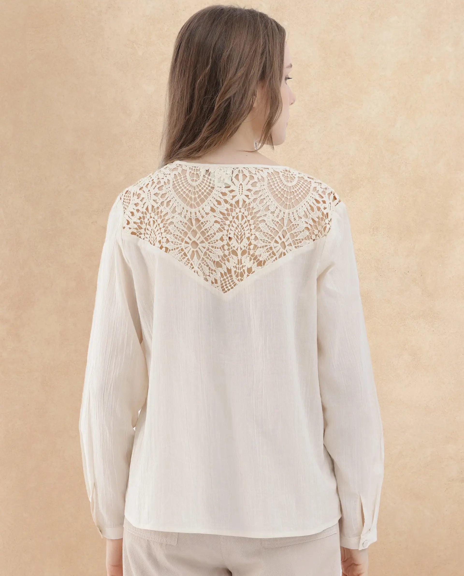 Rareism Women's Klaya Beige Cotton V-Neck Plain Relaxed Fit Top