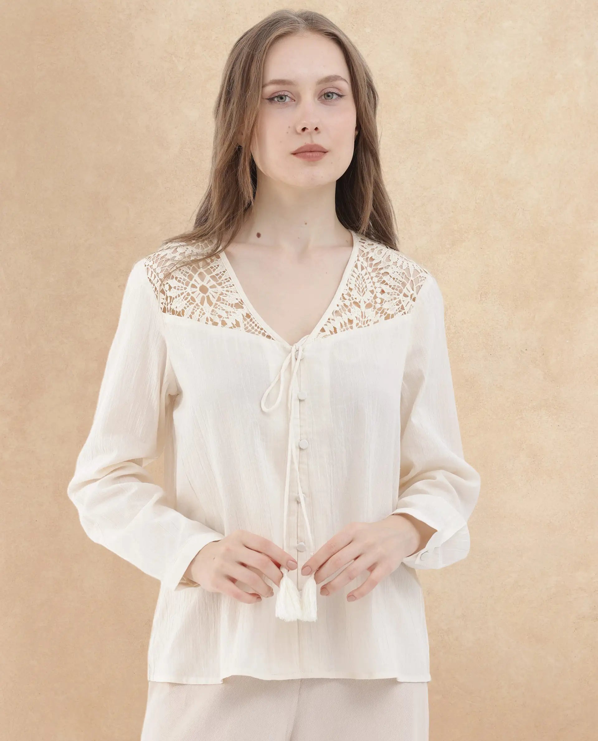 Rareism Women's Klaya Beige Cotton V-Neck Plain Relaxed Fit Top