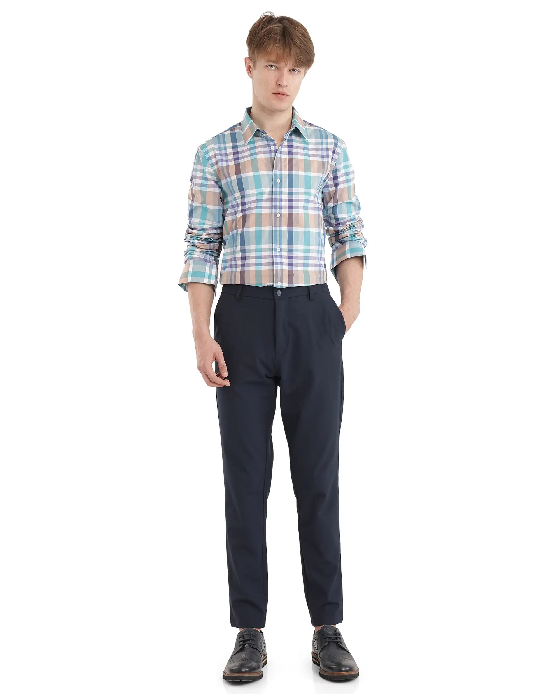 Rare Rabbit Men's Klaz Multi Cotton Fabric Full Sleeve Spread Collar Regular Fit Checked Shirt