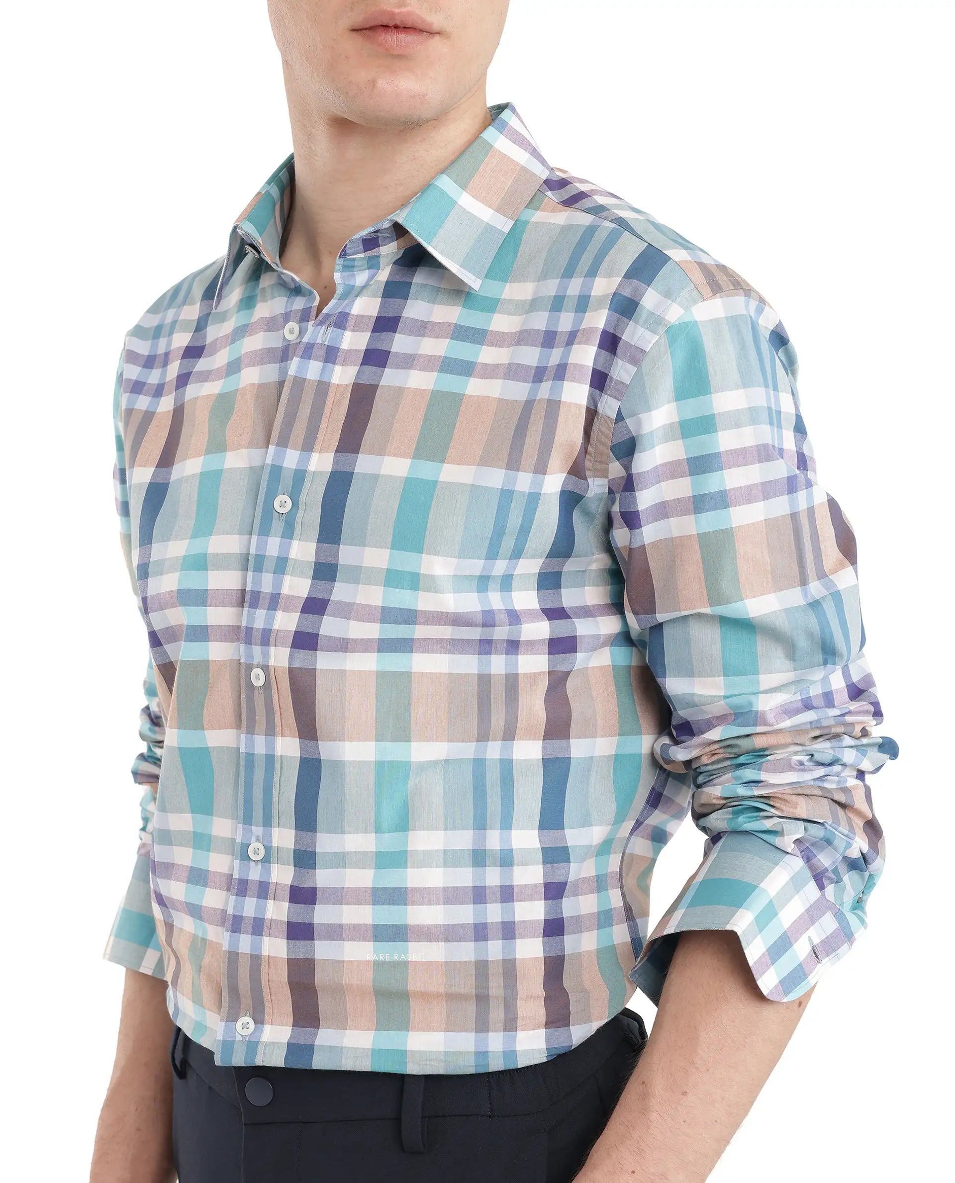 Rare Rabbit Men's Klaz Multi Cotton Fabric Full Sleeve Spread Collar Regular Fit Checked Shirt