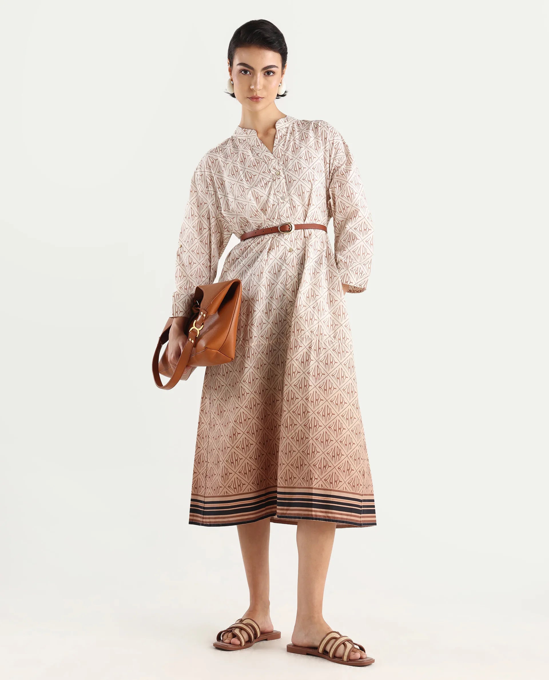 Rareism Women's Klee Beige Cotton Mandarin Collar Geometric Print Cuffed Sleeve Midi Fit And Flare Dress