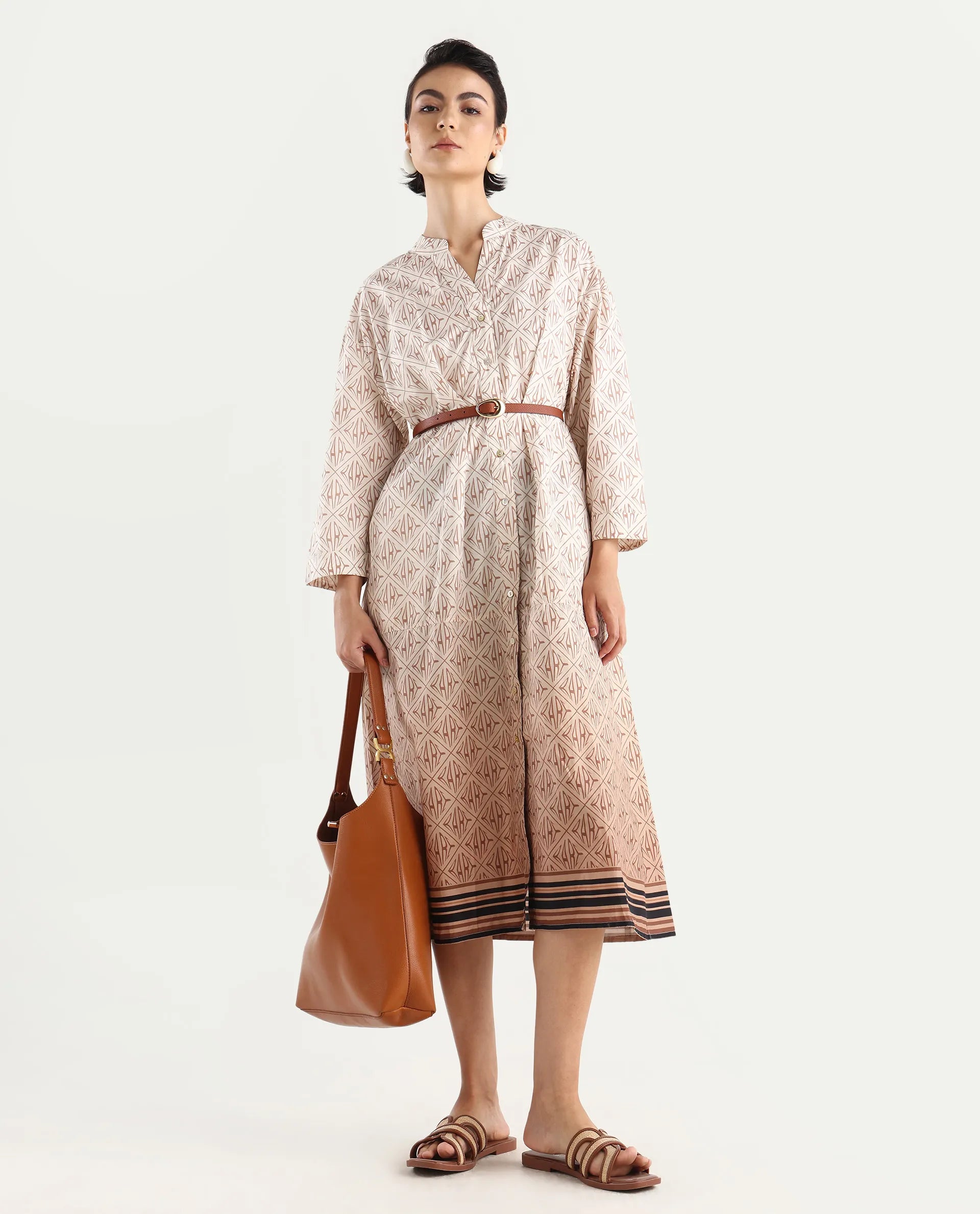 Rareism Women's Klee Beige Cotton Mandarin Collar Geometric Print Cuffed Sleeve Midi Fit And Flare Dress