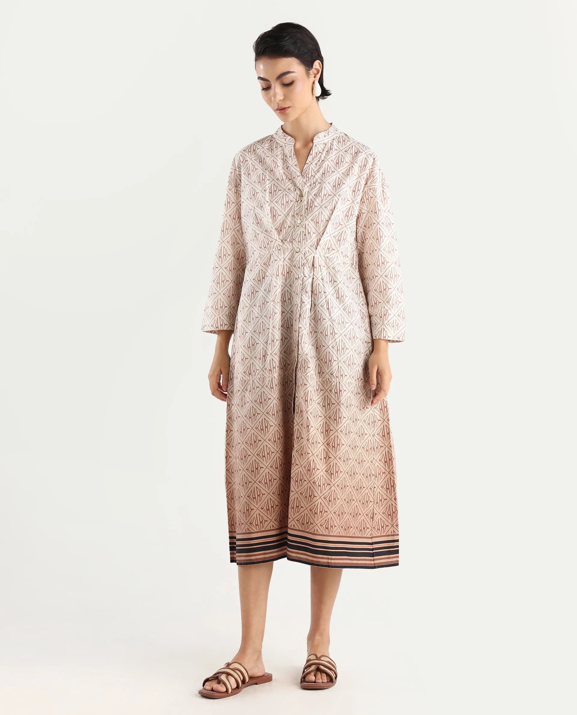 Rareism Women's Klee Beige Cotton Mandarin Collar Geometric Print Cuffed Sleeve Midi Fit And Flare Dress