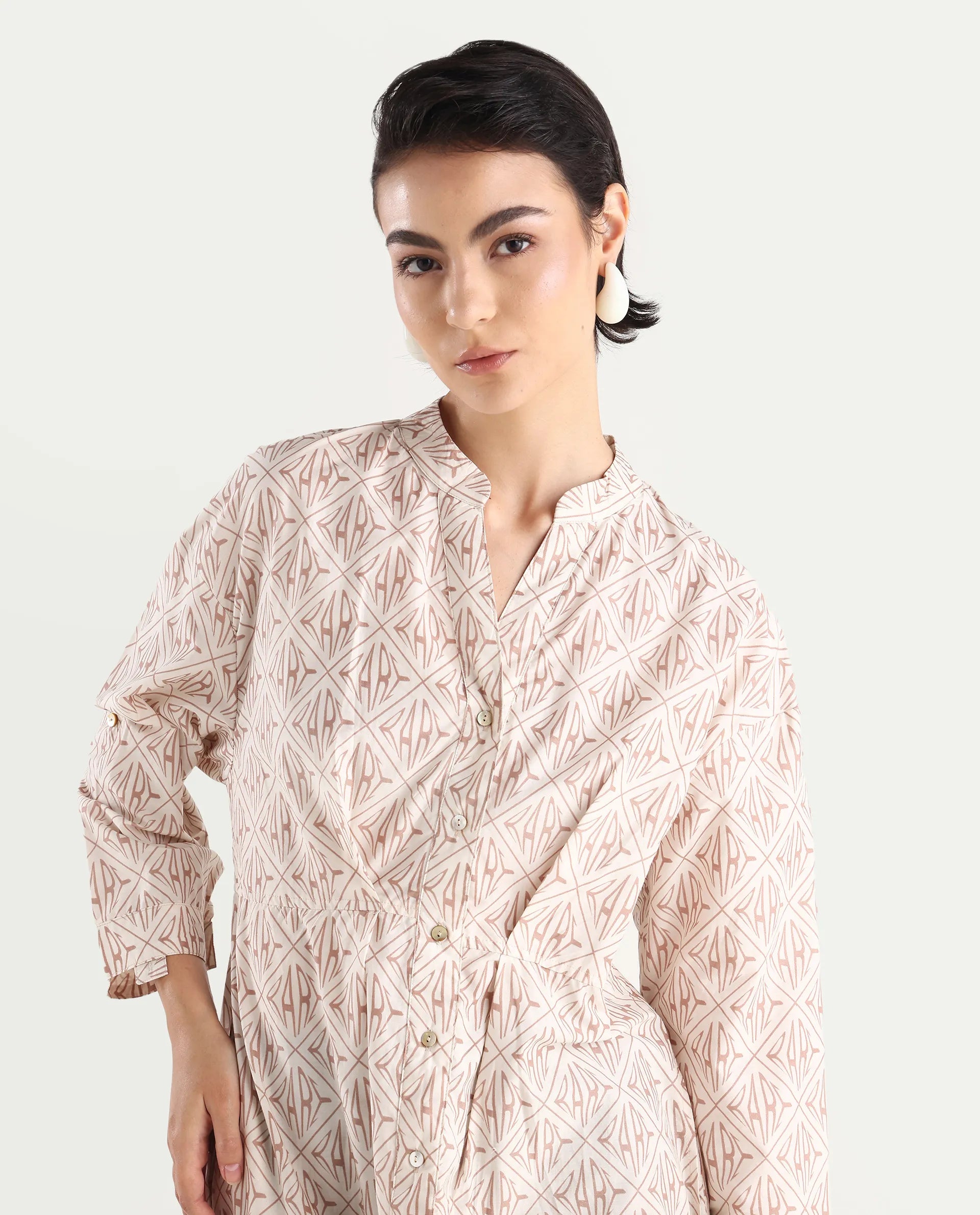 Rareism Women's Klee Beige Cotton Mandarin Collar Geometric Print Cuffed Sleeve Midi Fit And Flare Dress