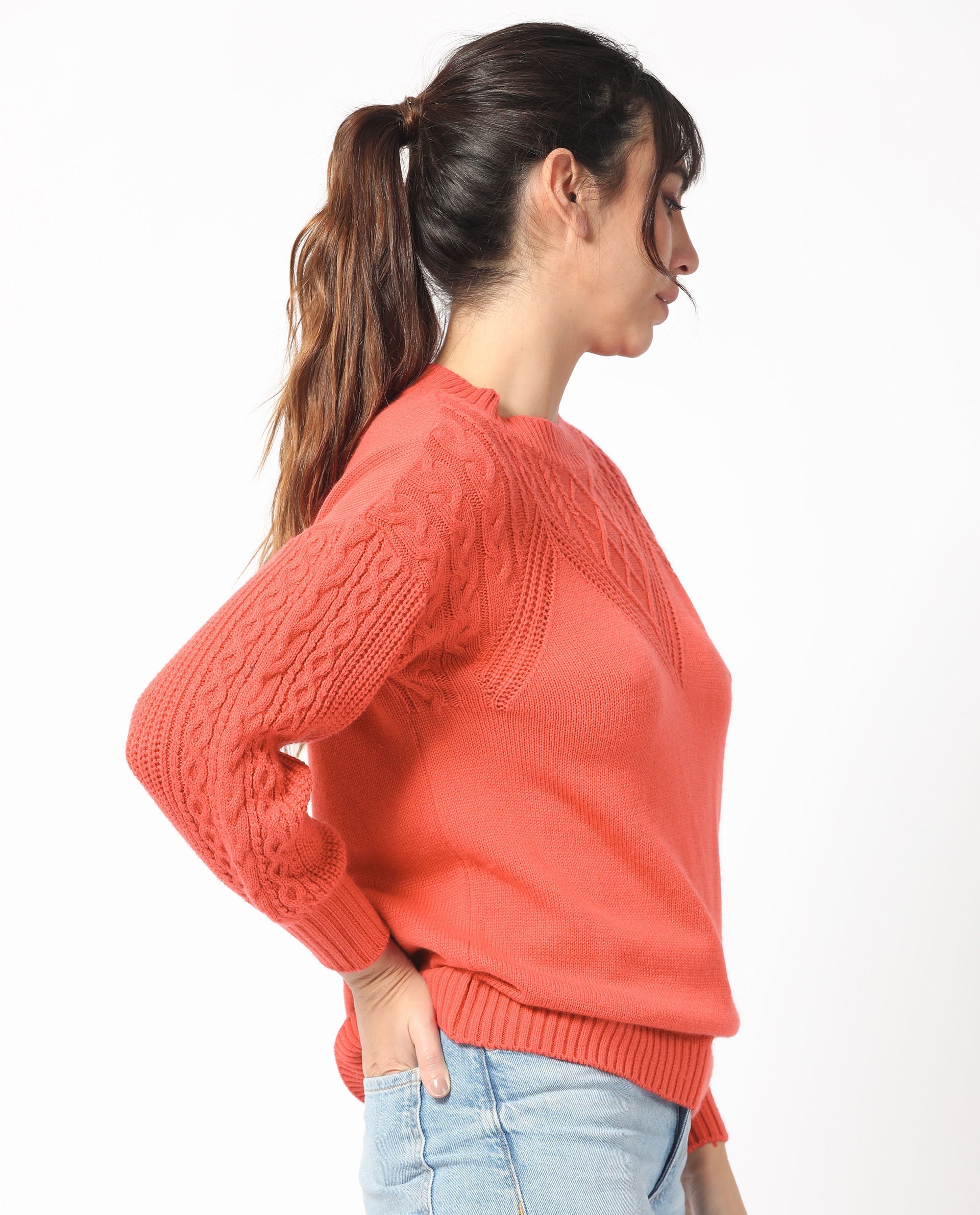 Rareism Women Klein Orange Acrylic Fabric Full Sleeves Regular Fit Solid Round Neck Sweater