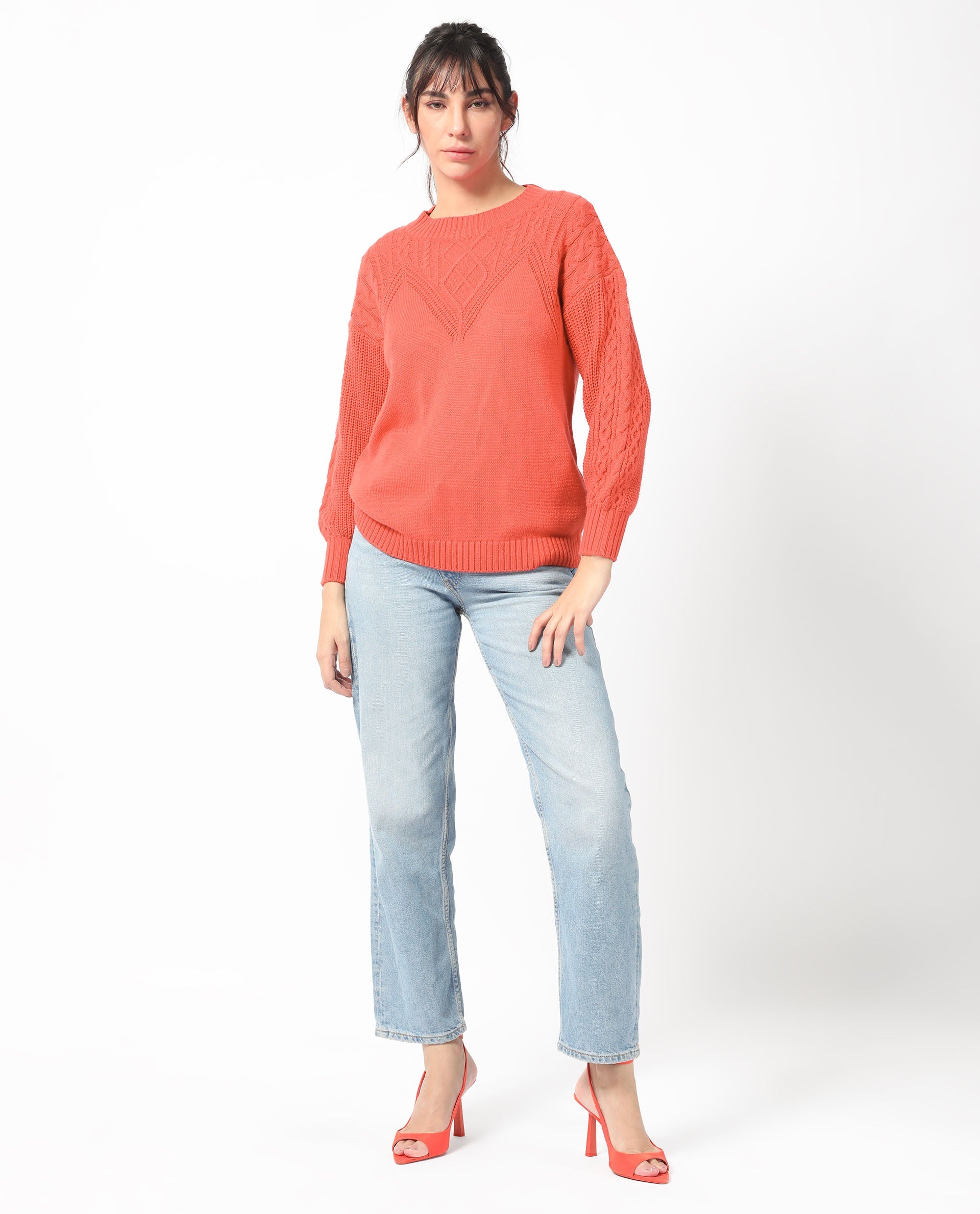 Rareism Women Klein Orange Acrylic Fabric Full Sleeves Regular Fit Solid Round Neck Sweater