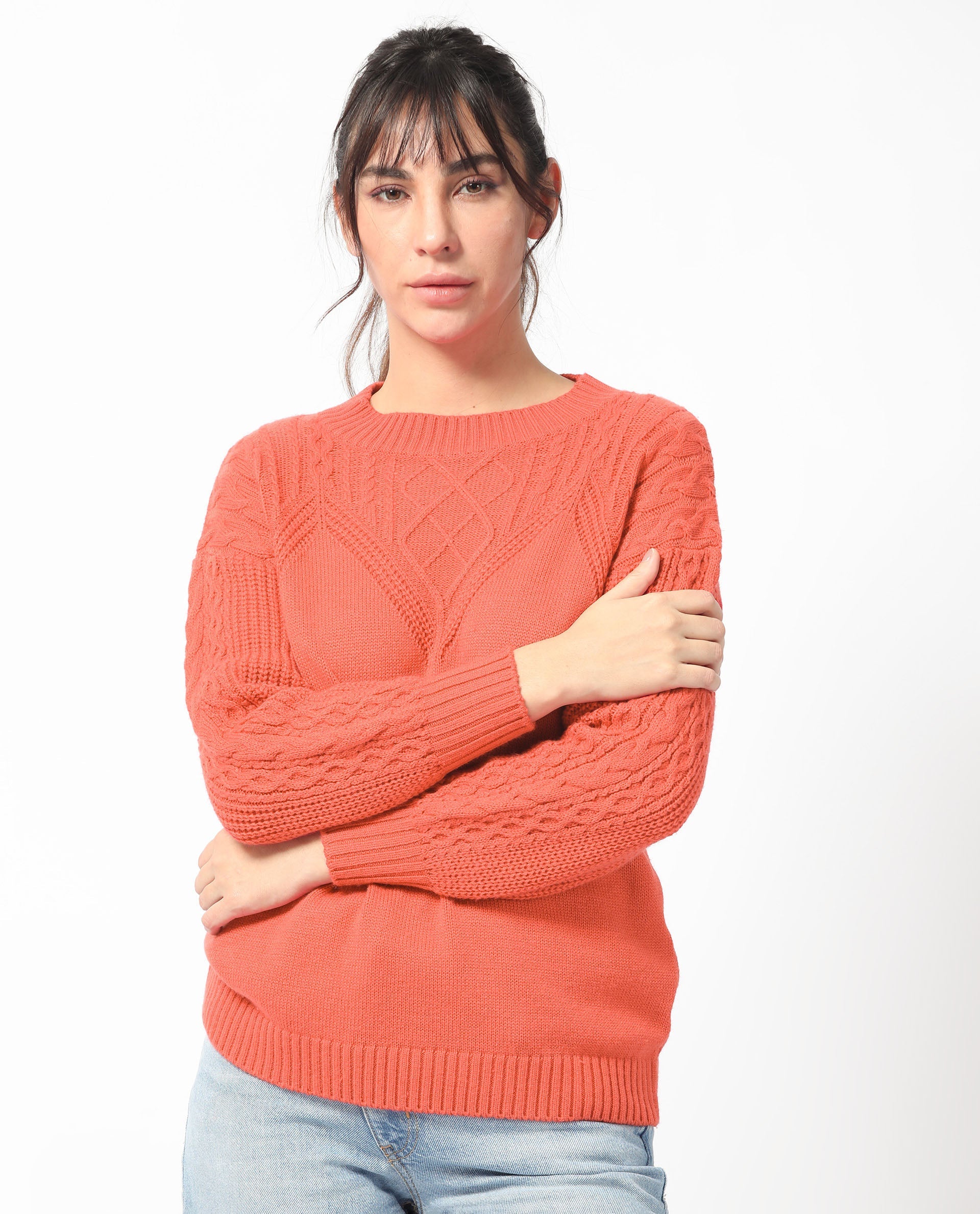 Rareism Women Klein Orange Acrylic Fabric Full Sleeves Regular Fit Solid Round Neck Sweater