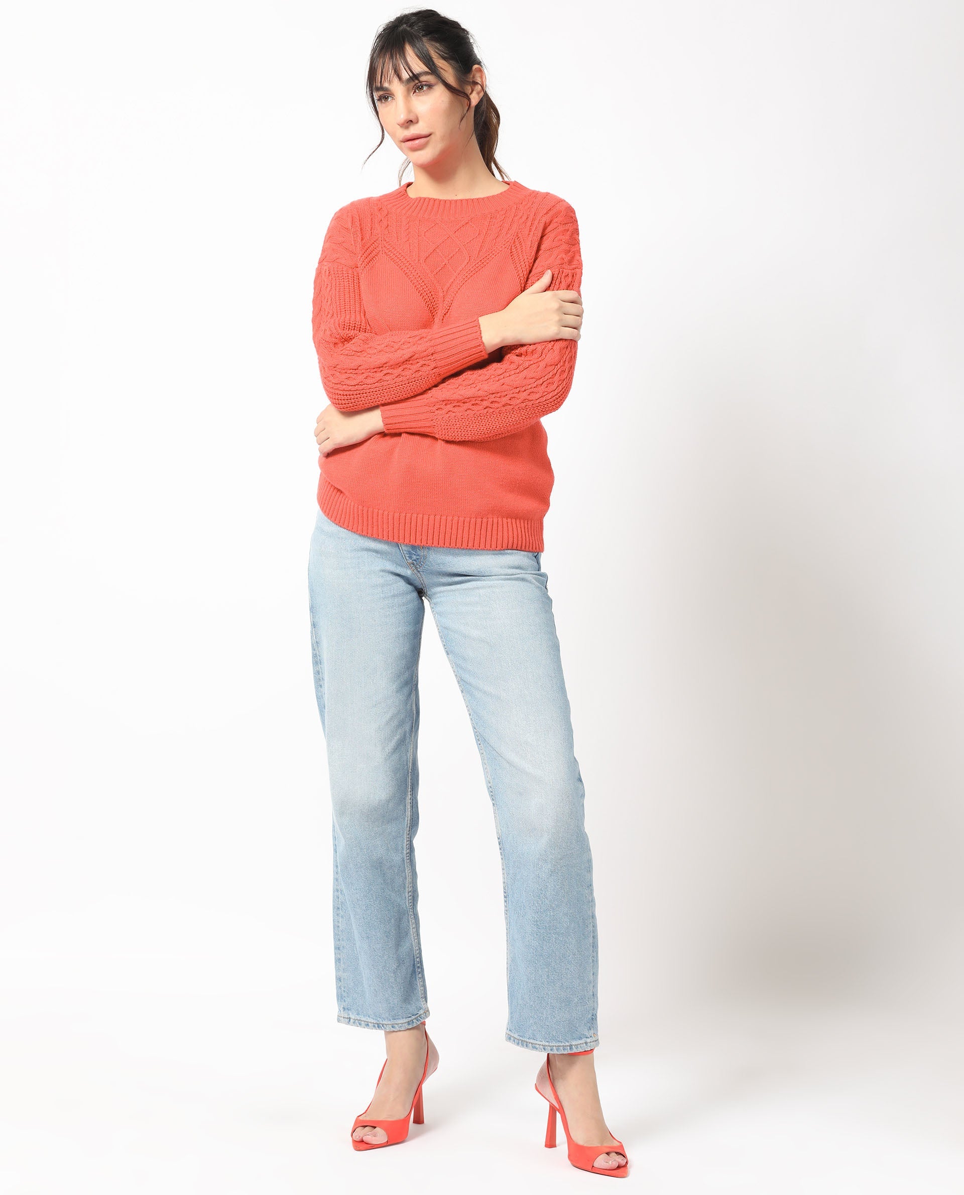 Rareism Women Klein Orange Acrylic Fabric Full Sleeves Regular Fit Solid Round Neck Sweater