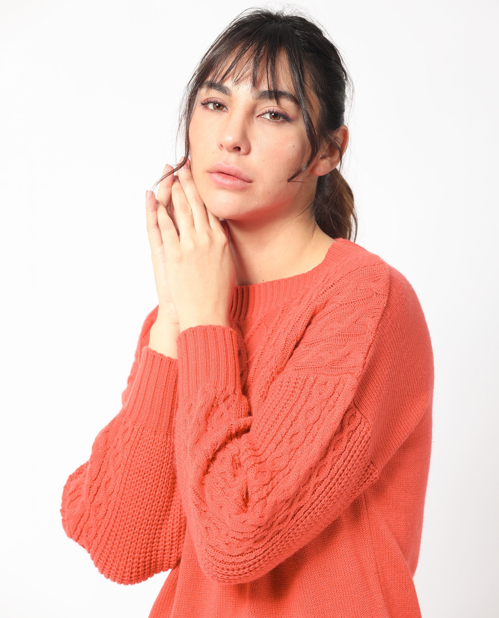 Rareism Women Klein Orange Acrylic Fabric Full Sleeves Regular Fit Solid Round Neck Sweater
