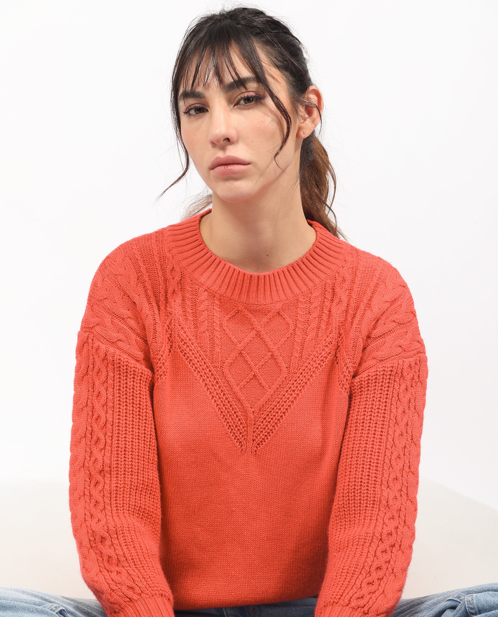 Rareism Women Klein Orange Acrylic Fabric Full Sleeves Regular Fit Solid Round Neck Sweater