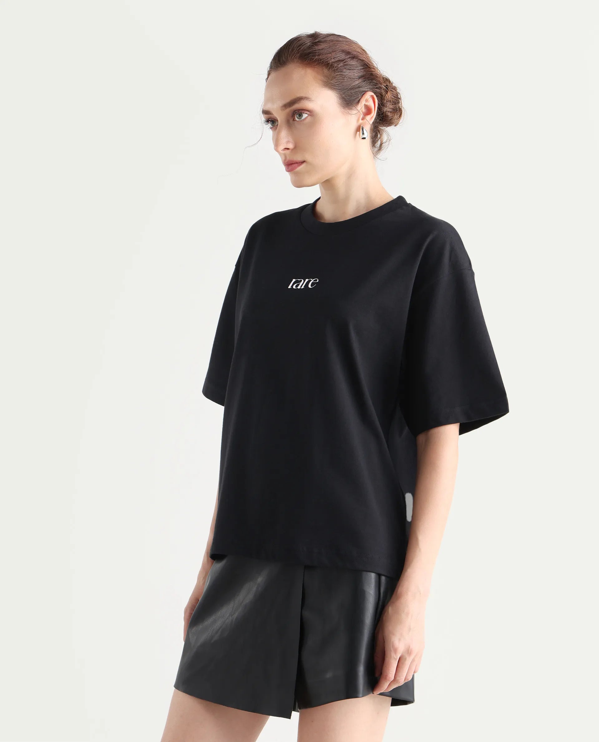Rareism Women's Klend Black Cotton Graphic Print Oversized T-Shirt
