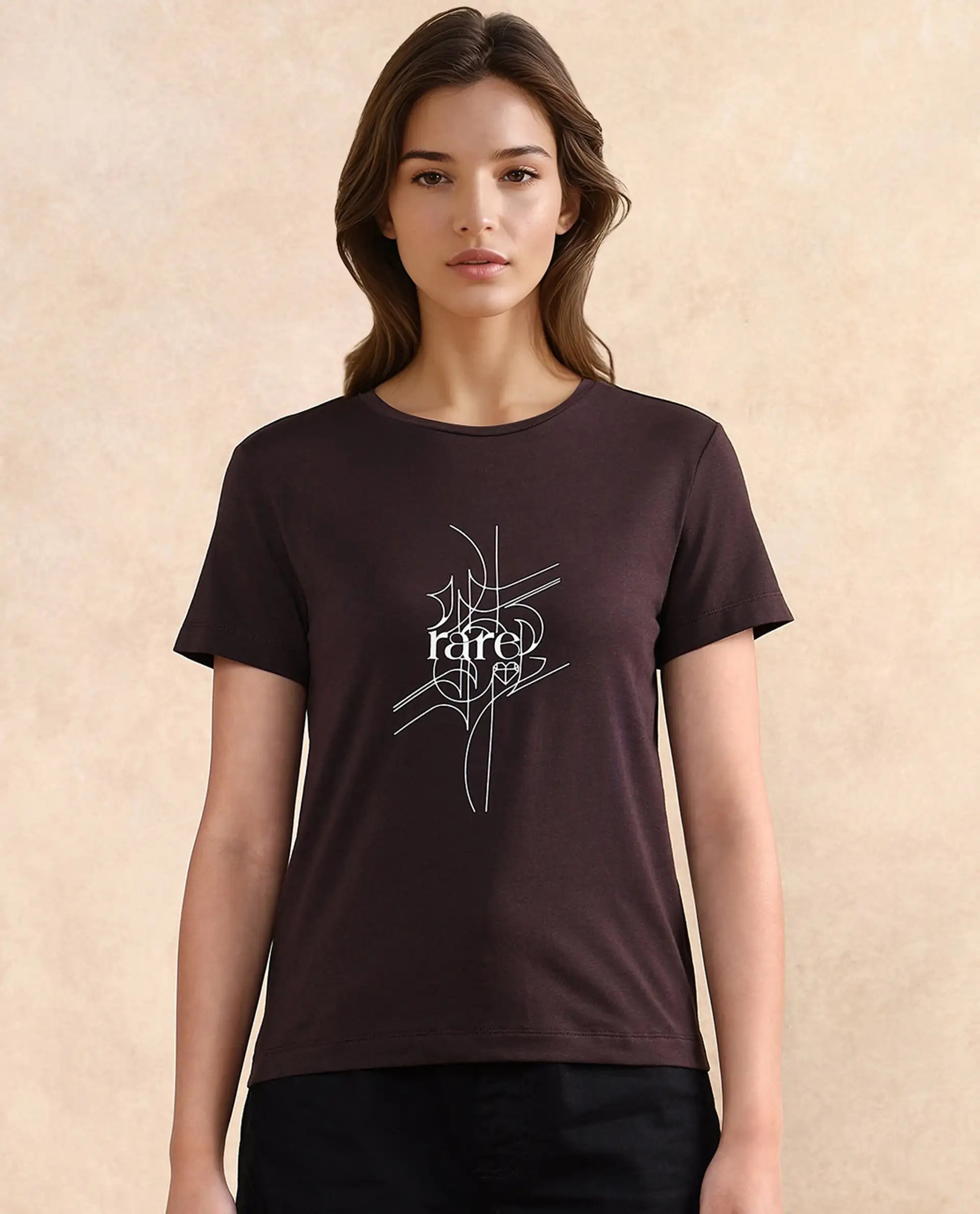 Rareism Women Klino Dark Brown Cotton Blend Fabric Short Sleeve Crew Neck Graphic Print T-Shirt