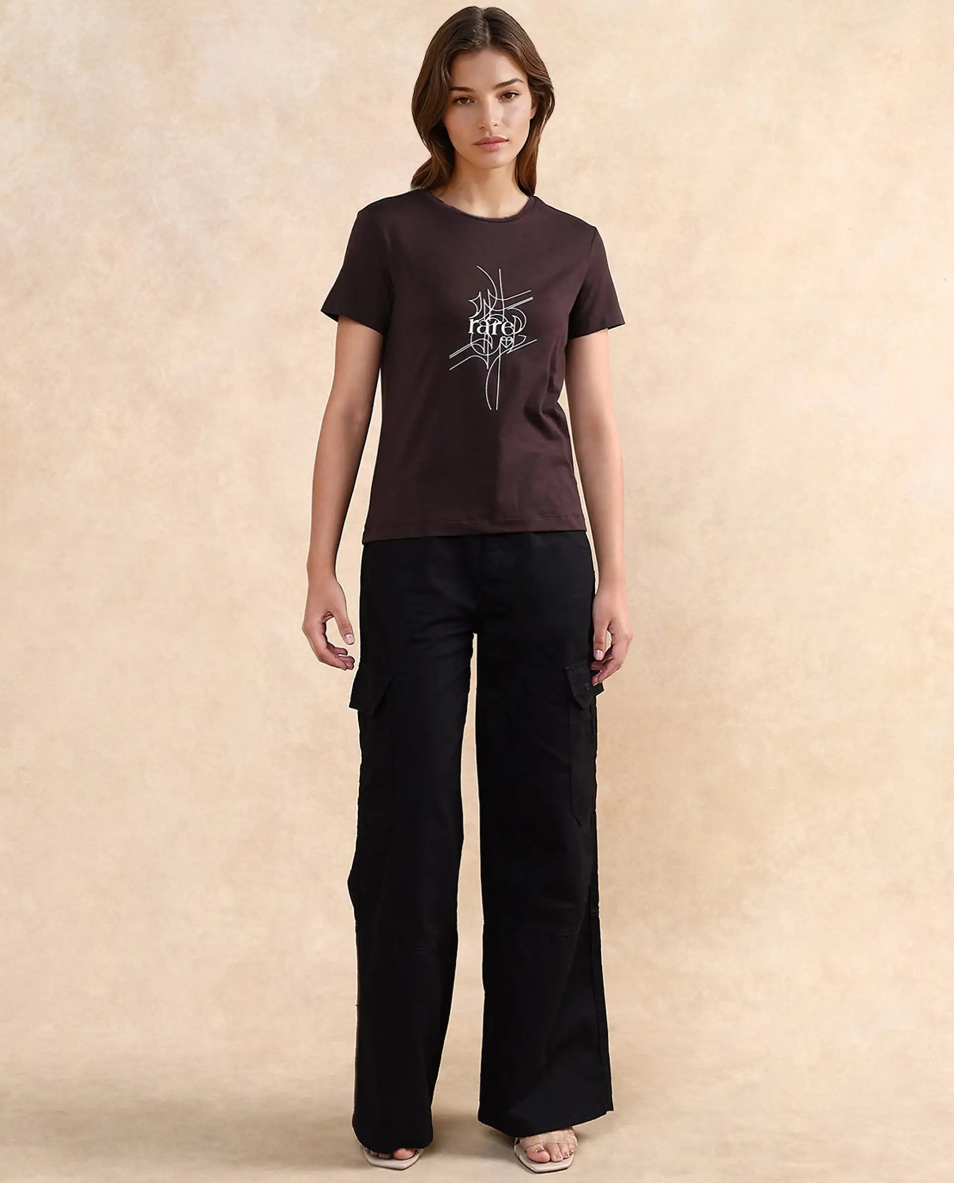 Rareism Women Klino Dark Brown Cotton Blend Fabric Short Sleeve Crew Neck Graphic Print T-Shirt