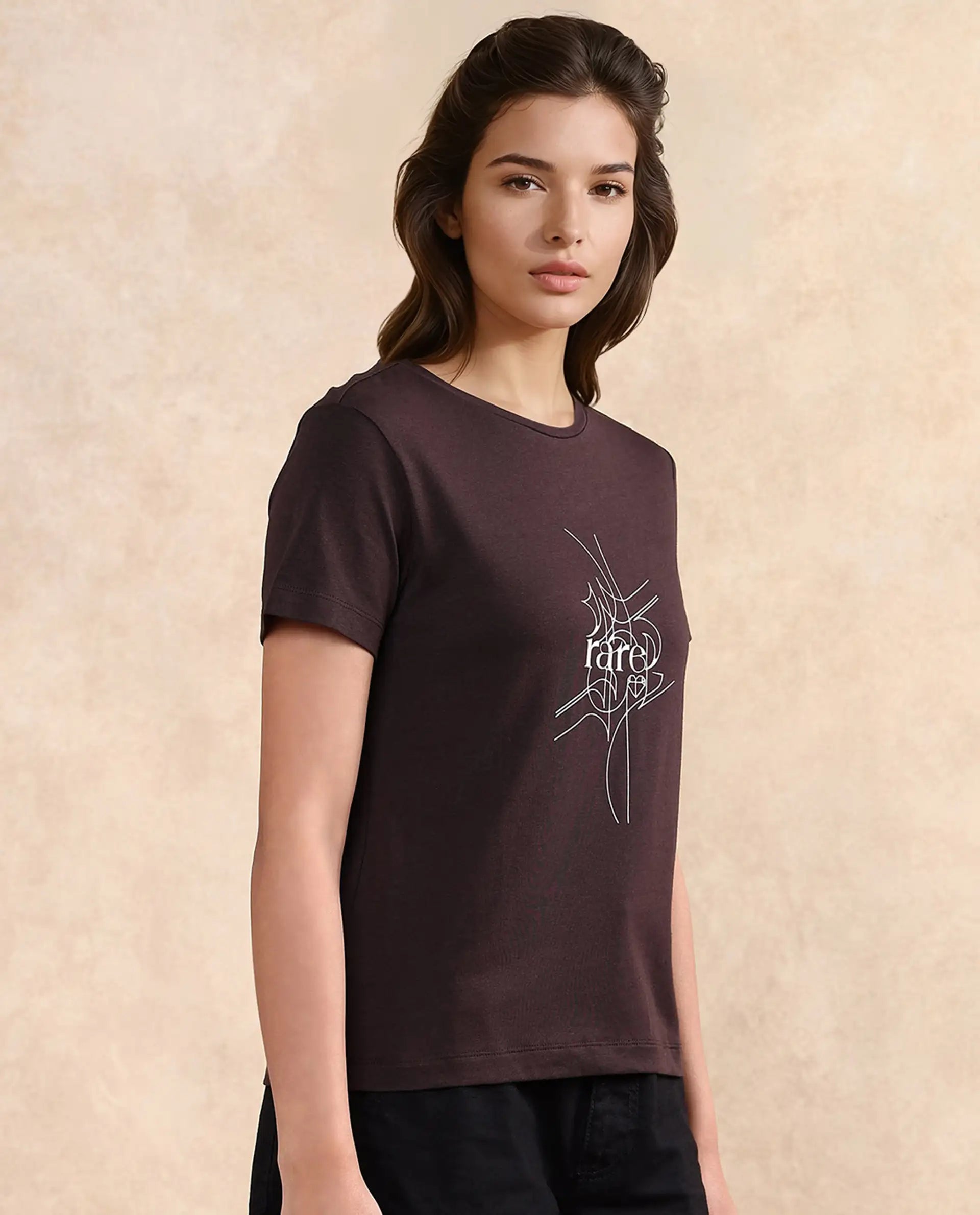 Rareism Women Klino Dark Brown Cotton Blend Fabric Short Sleeve Crew Neck Graphic Print T-Shirt