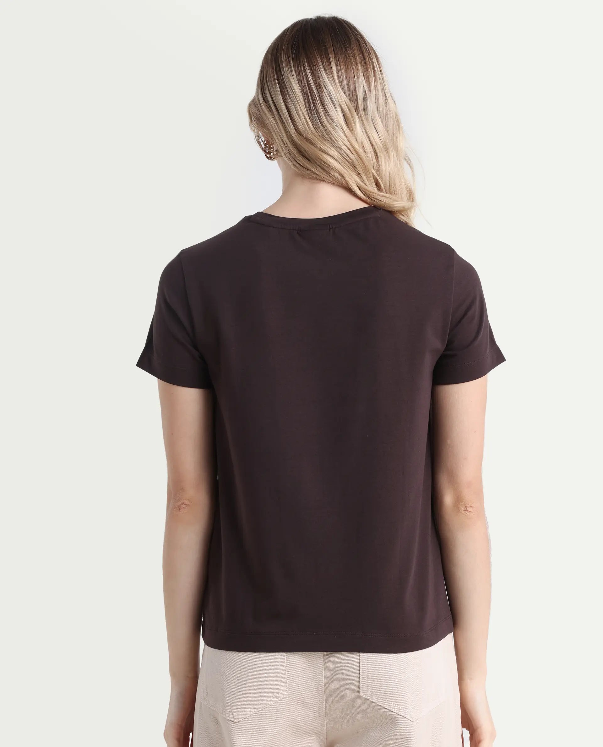 Rareism Women's Klino Dark Brown Cotton Blend Crew Neck Graphic Print Regular Fit T-Shirt