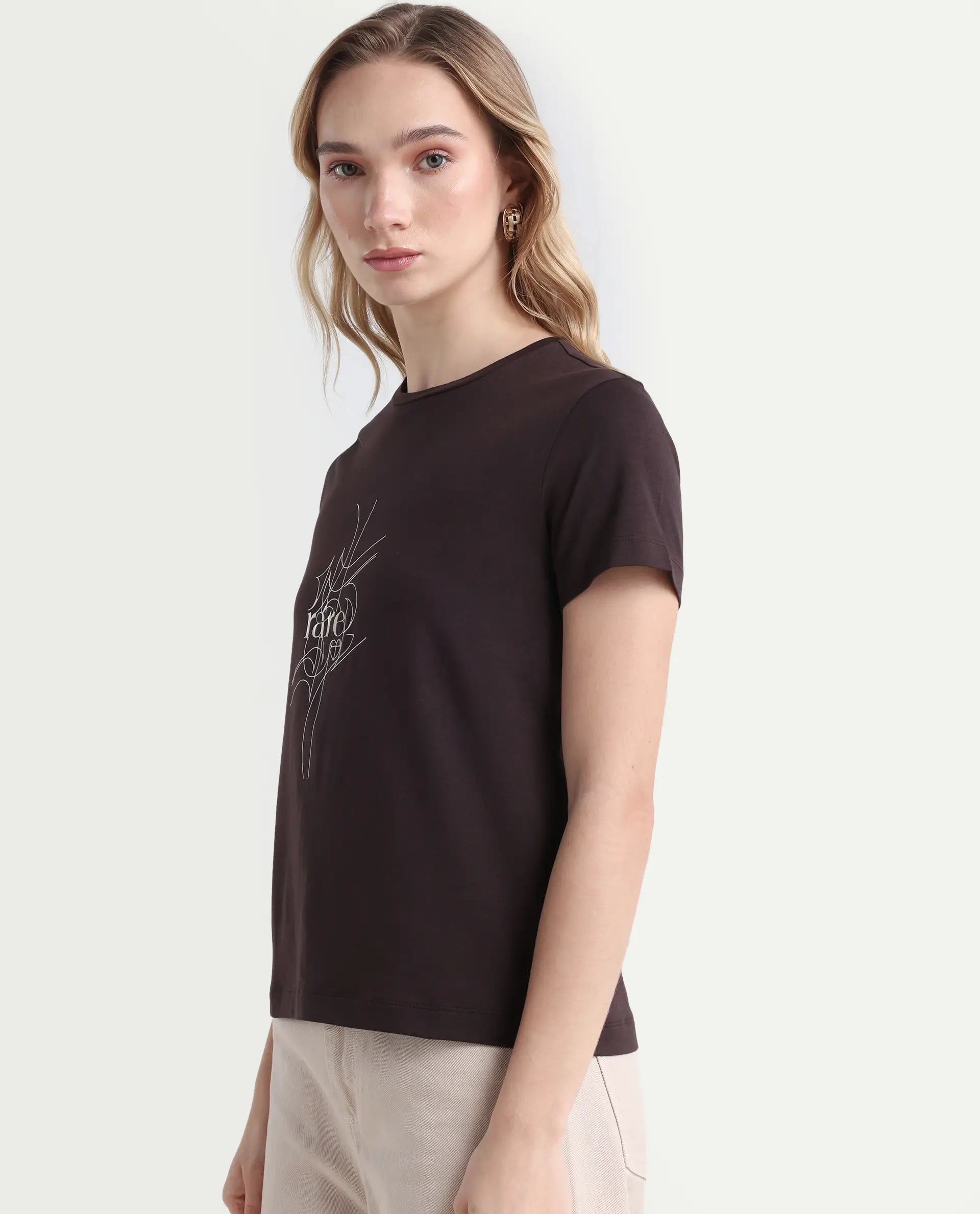 Rareism Women's Klino Dark Brown Cotton Blend Crew Neck Graphic Print Regular Fit T-Shirt