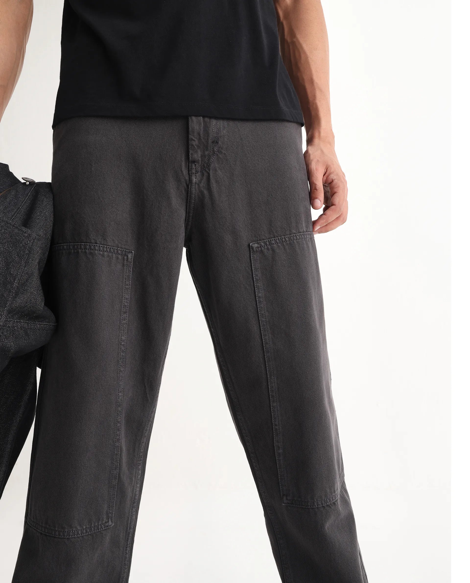 Rare Rabbit Men's Klop Dark Grey Cotton Plain Carpenter Fit Jeans