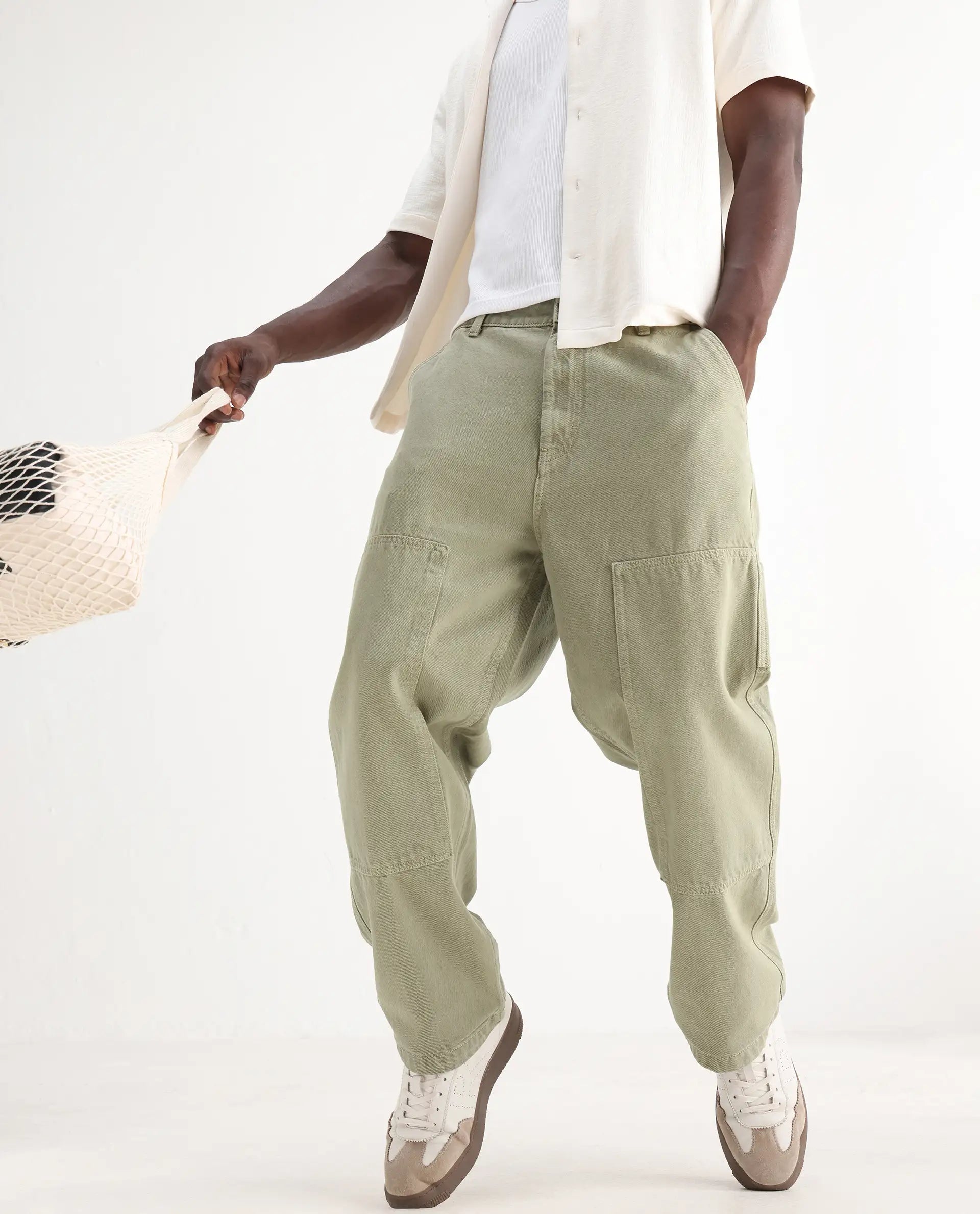 Rare Rabbit Men's Klop Pastel Green Cotton Plain Carpenter Fit Jeans