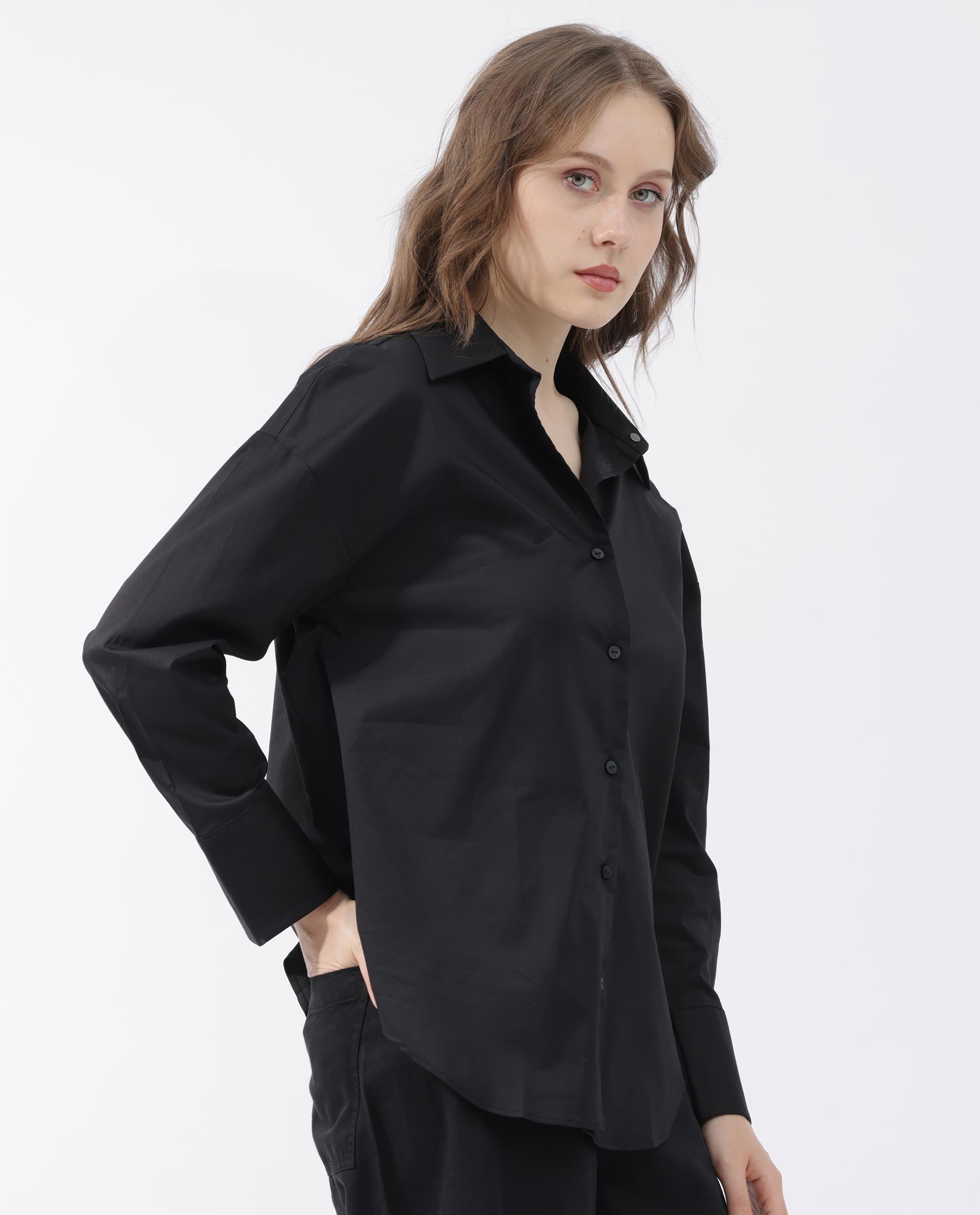 Rareism Womens Klox Black Shirt Full Sleeve Collared Neck Woven Hip Length