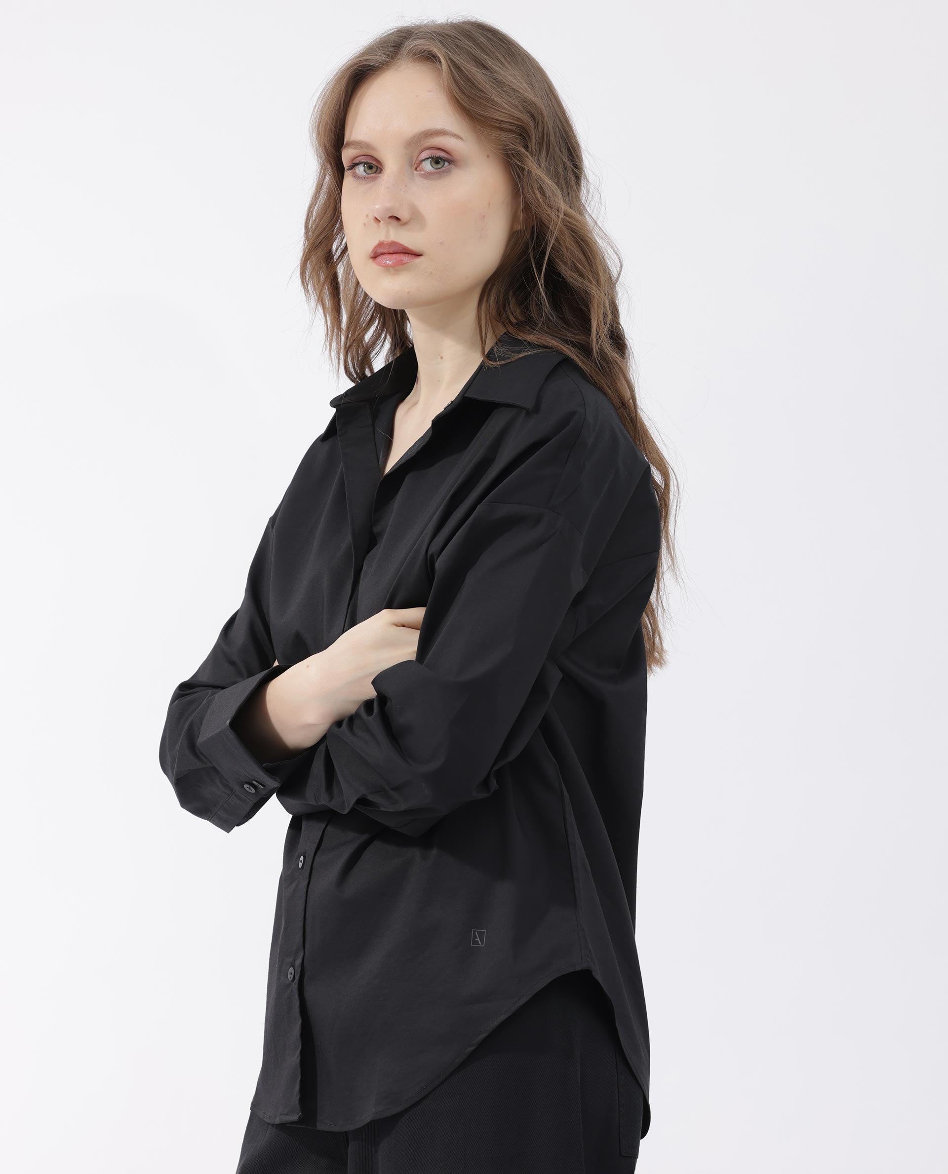 Rareism Womens Klox Black Shirt Full Sleeve Collared Neck Woven Hip Length