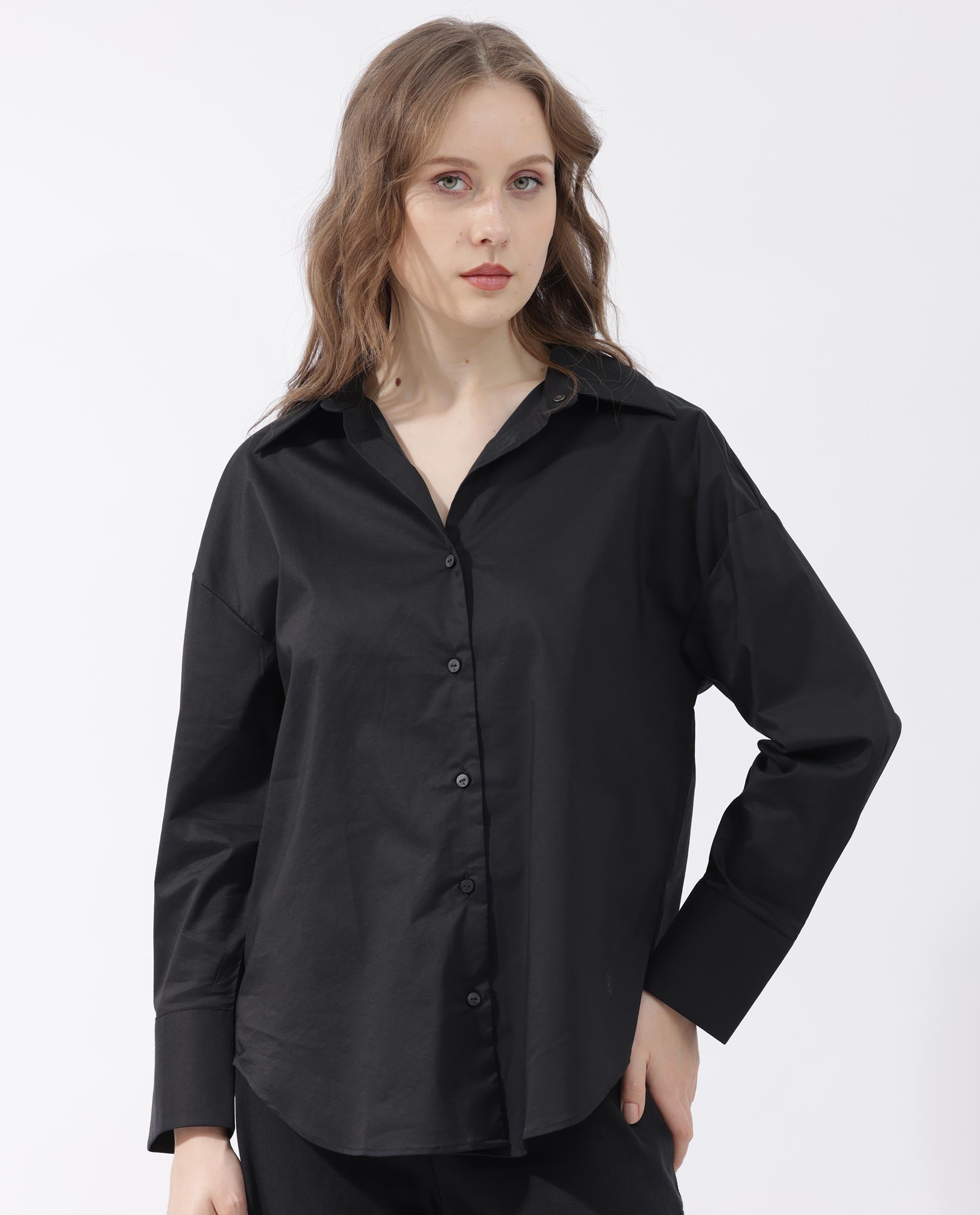 Rareism Womens Klox Black Shirt Full Sleeve Collared Neck Woven Hip Length