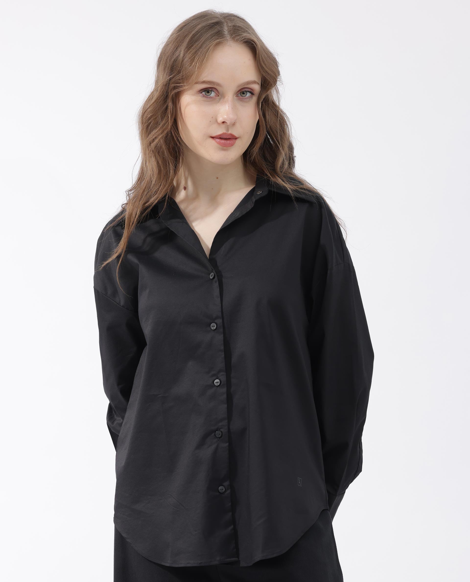 Rareism Womens Klox Black Shirt Full Sleeve Collared Neck Woven Hip Length