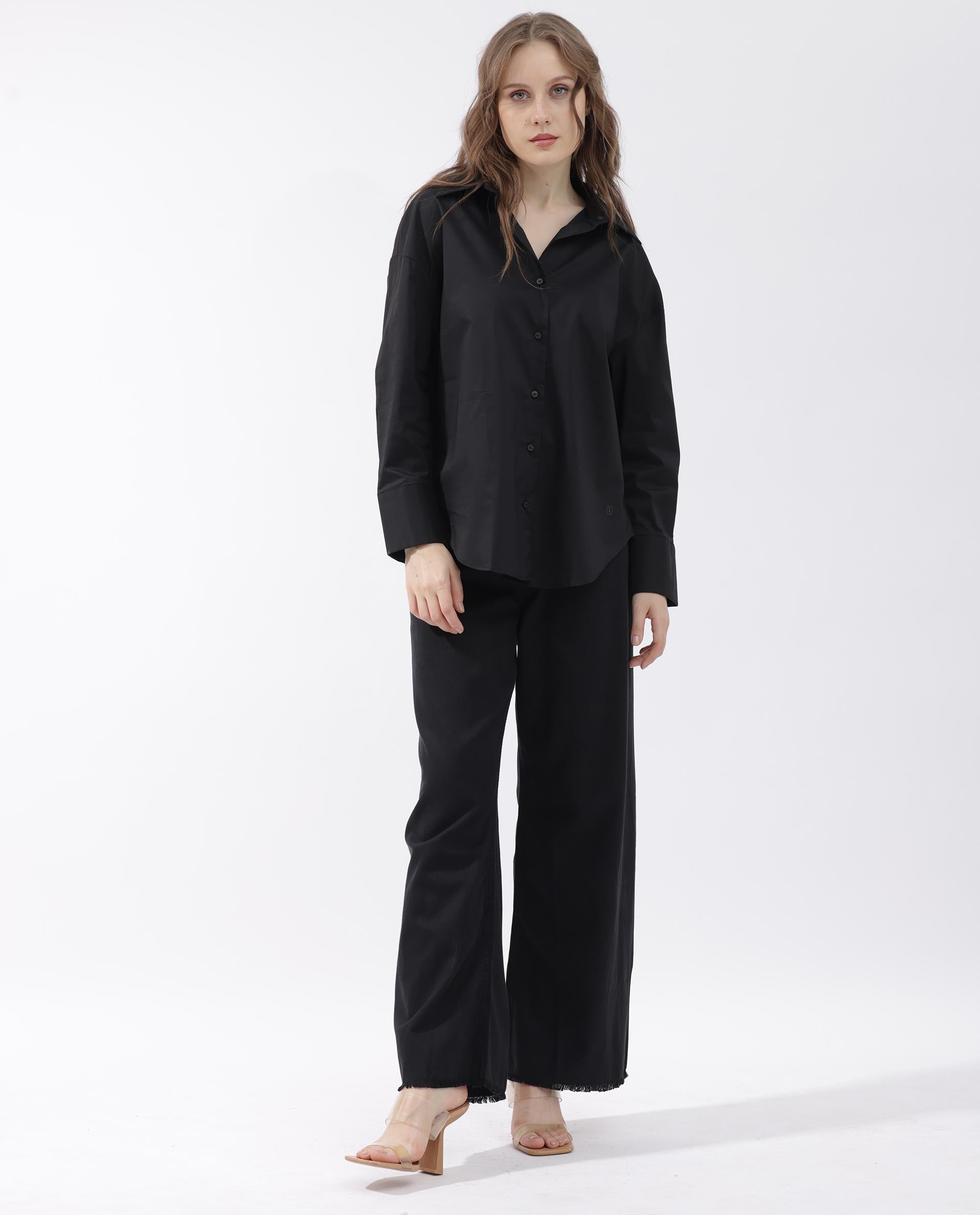 Rareism Womens Klox Black Shirt Full Sleeve Collared Neck Woven Hip Length