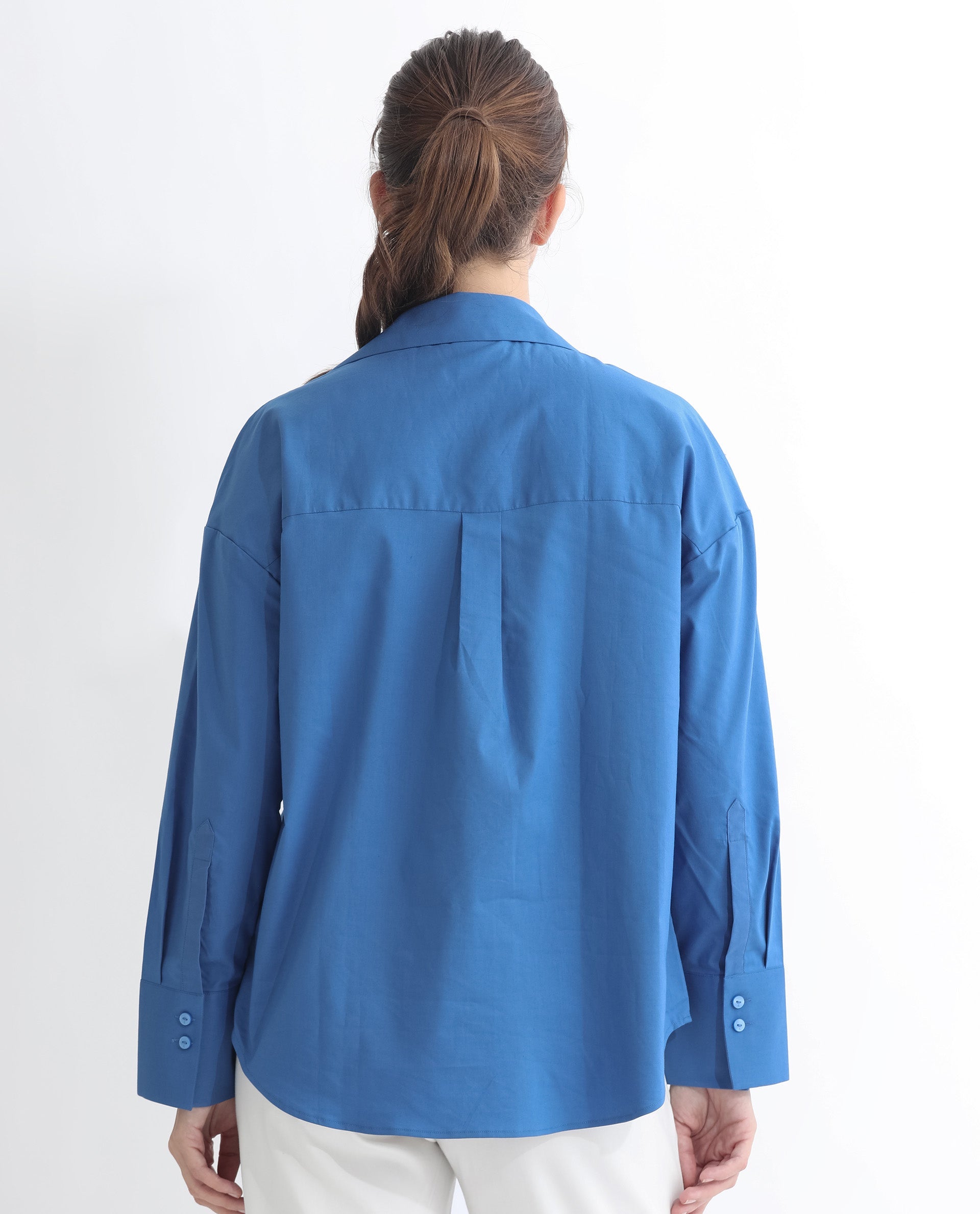 Rareism Women Klox Dark Blue Cuffed Sleeve Shirt Collar Solid Shirt