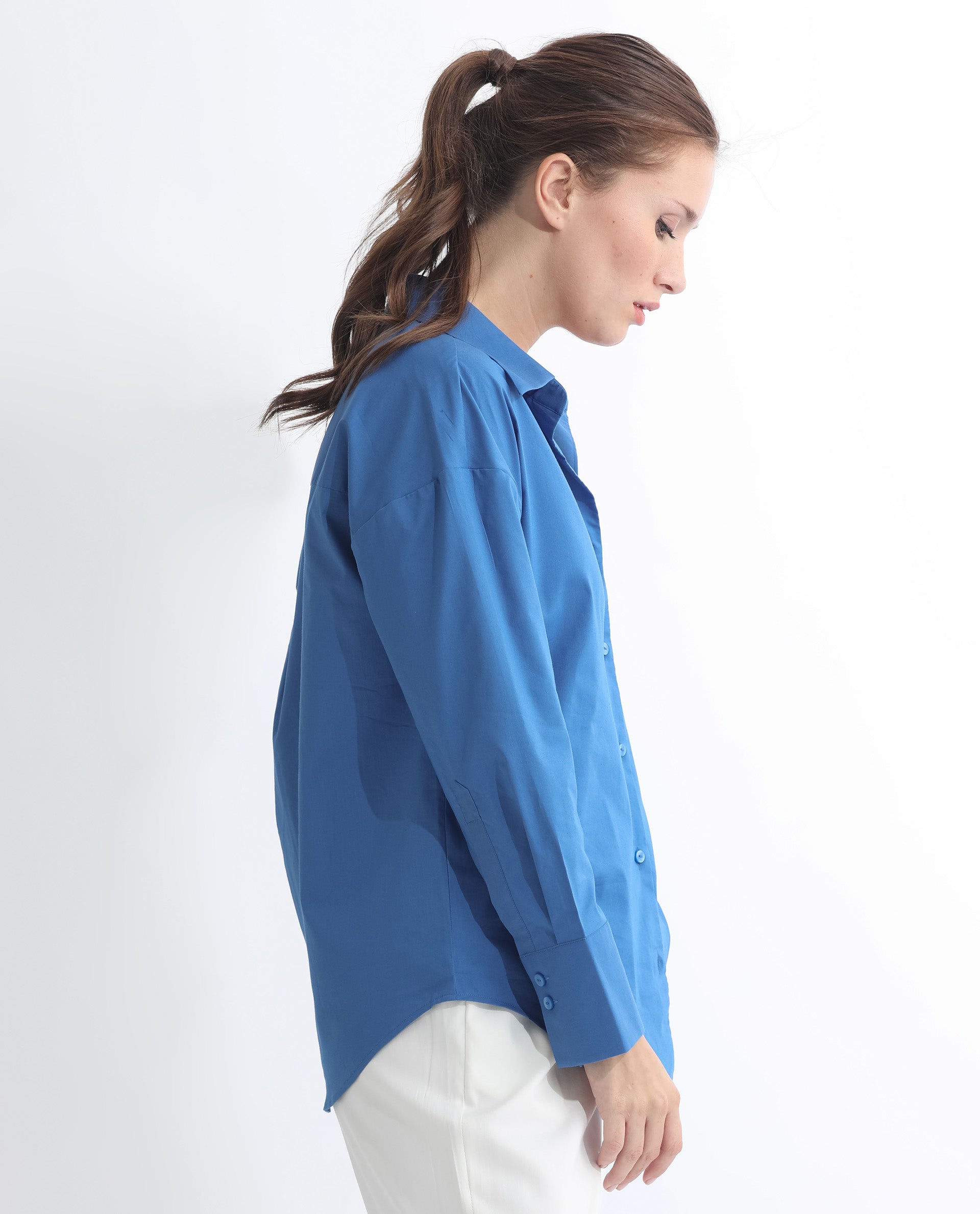 Rareism Women Klox Dark Blue Cuffed Sleeve Shirt Collar Solid Shirt