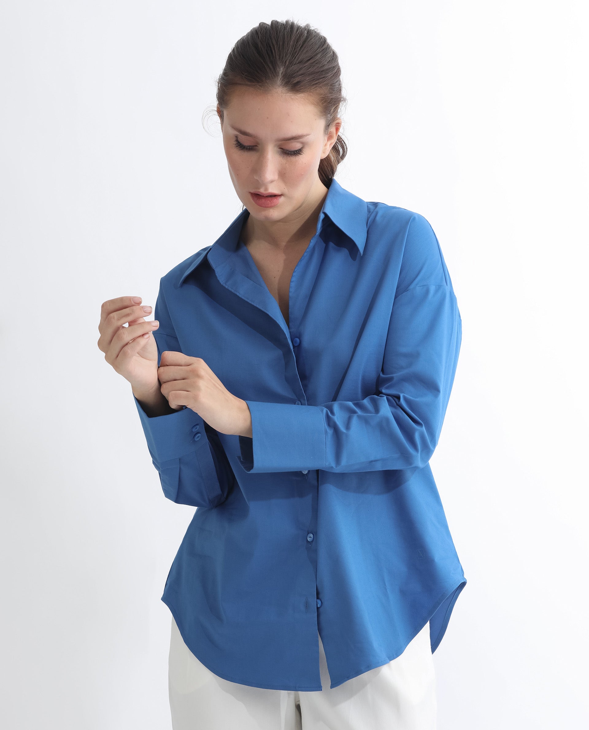 Rareism Women Klox Dark Blue Cuffed Sleeve Shirt Collar Solid Shirt