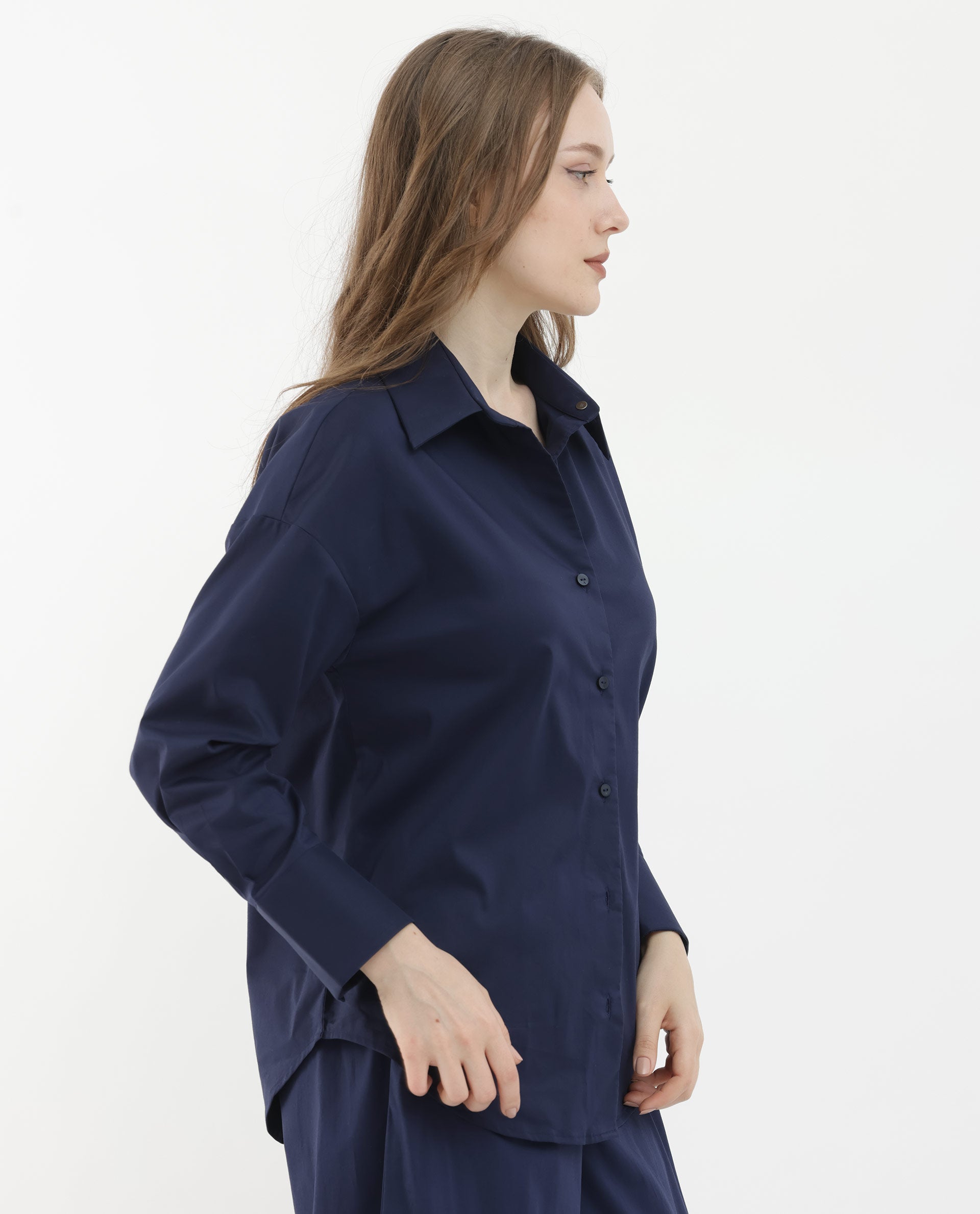 Rareism Women Klox Navy Cuffed Sleeve Shirt Collar Solid Shirt