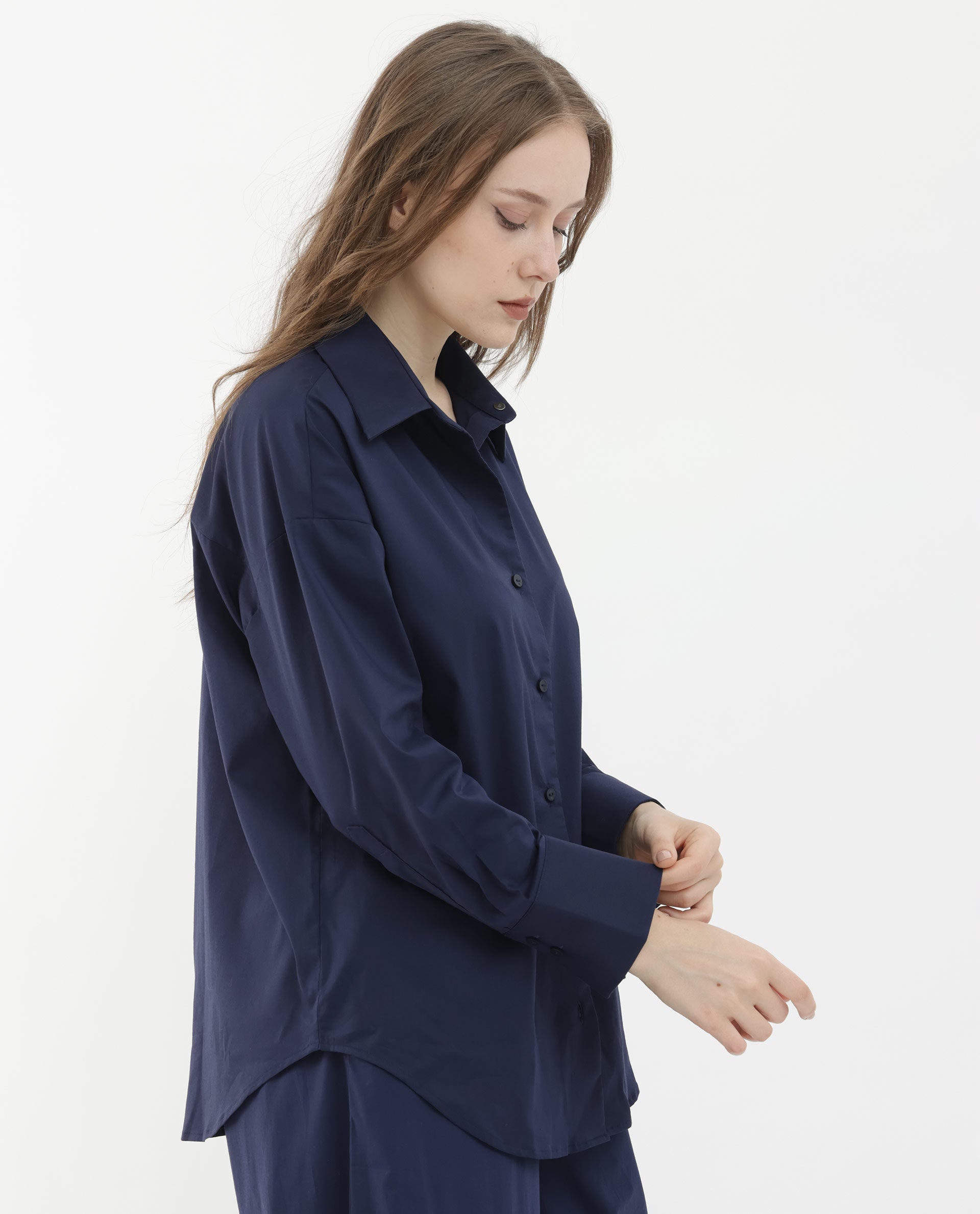 Rareism Women Klox Navy Cuffed Sleeve Shirt Collar Solid Shirt