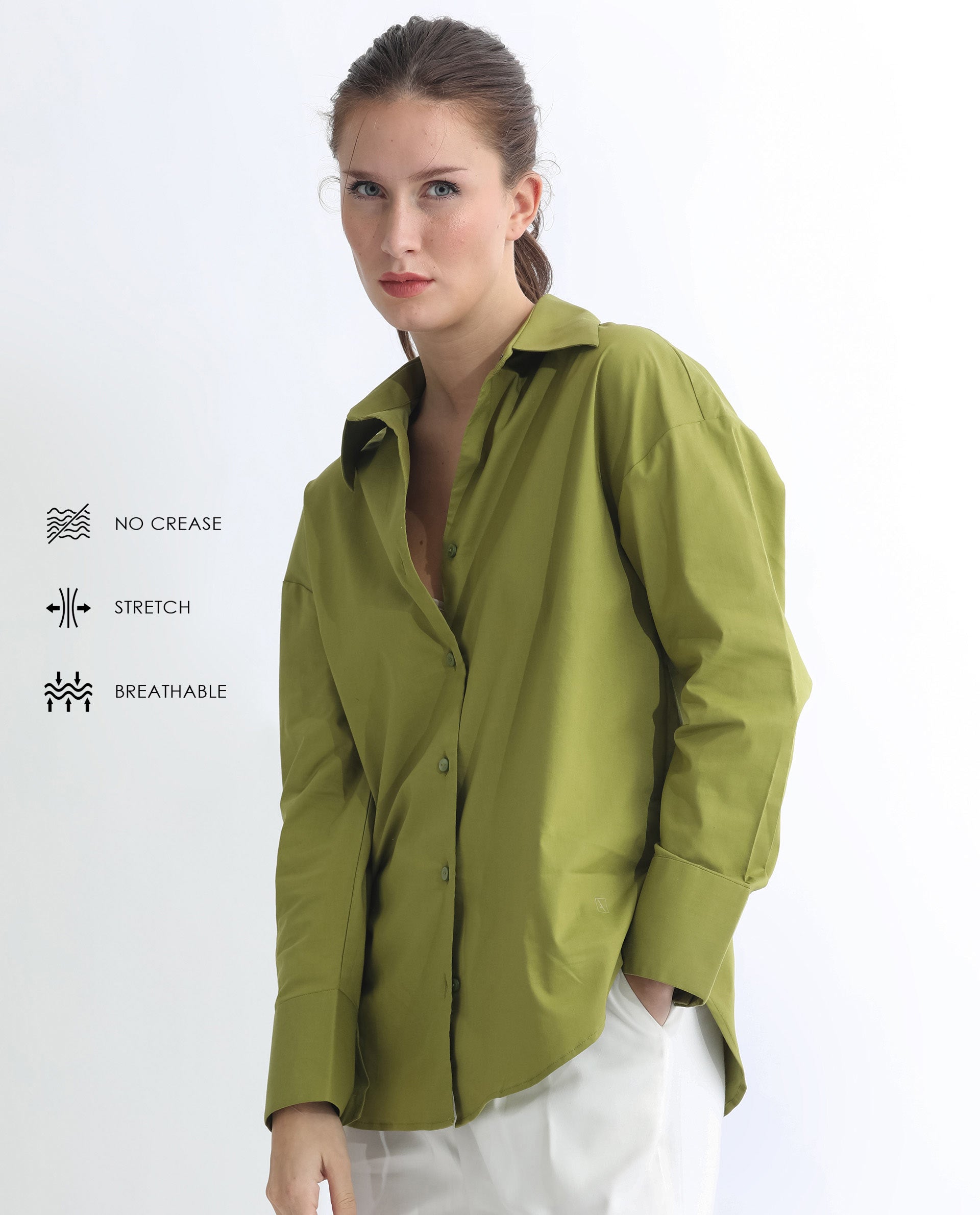 Rareism Women Klox Light Olive Cuffed Sleeve Shirt Collar Solid Shirt
