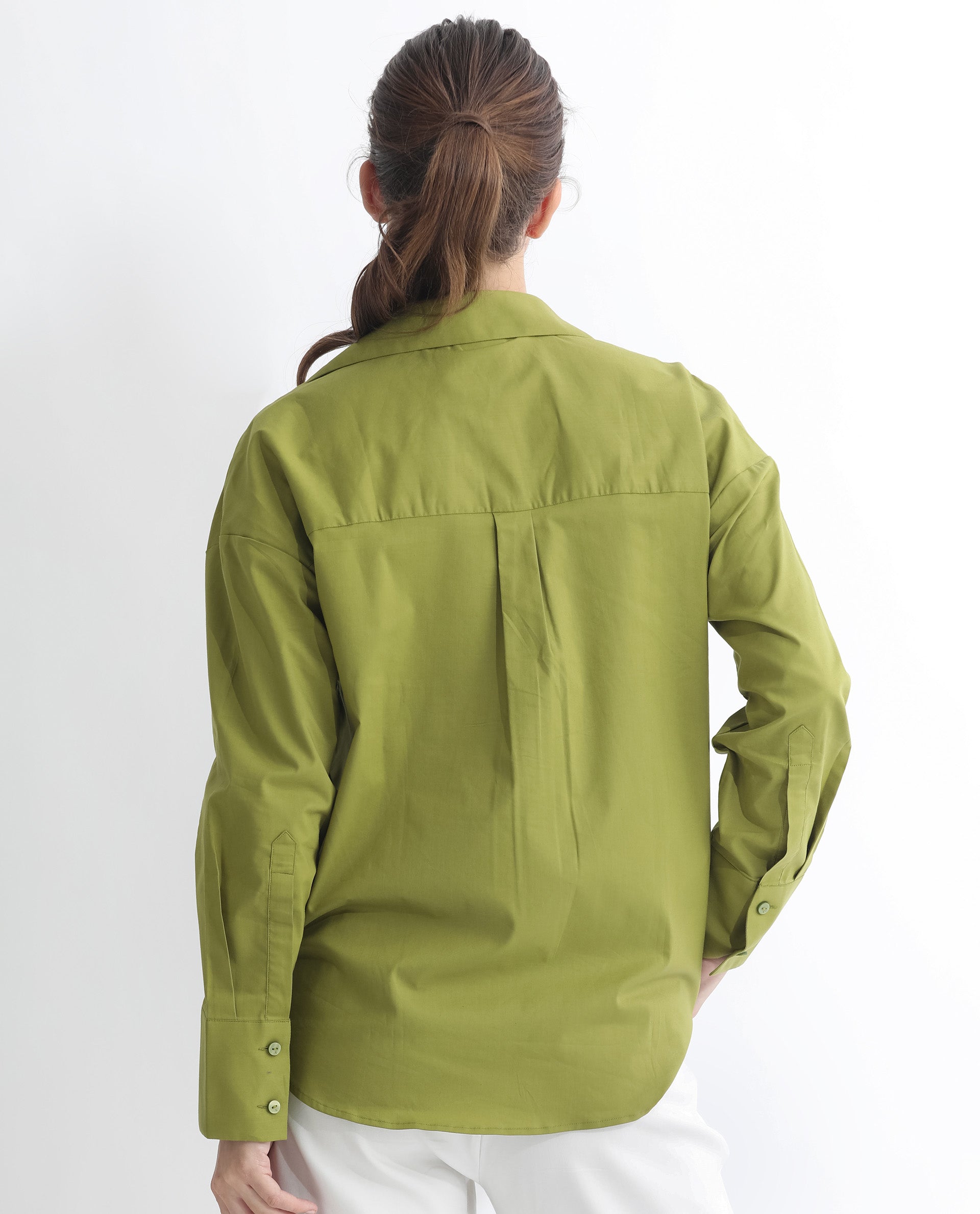 Rareism Women Klox Light Olive Cuffed Sleeve Shirt Collar Solid Shirt