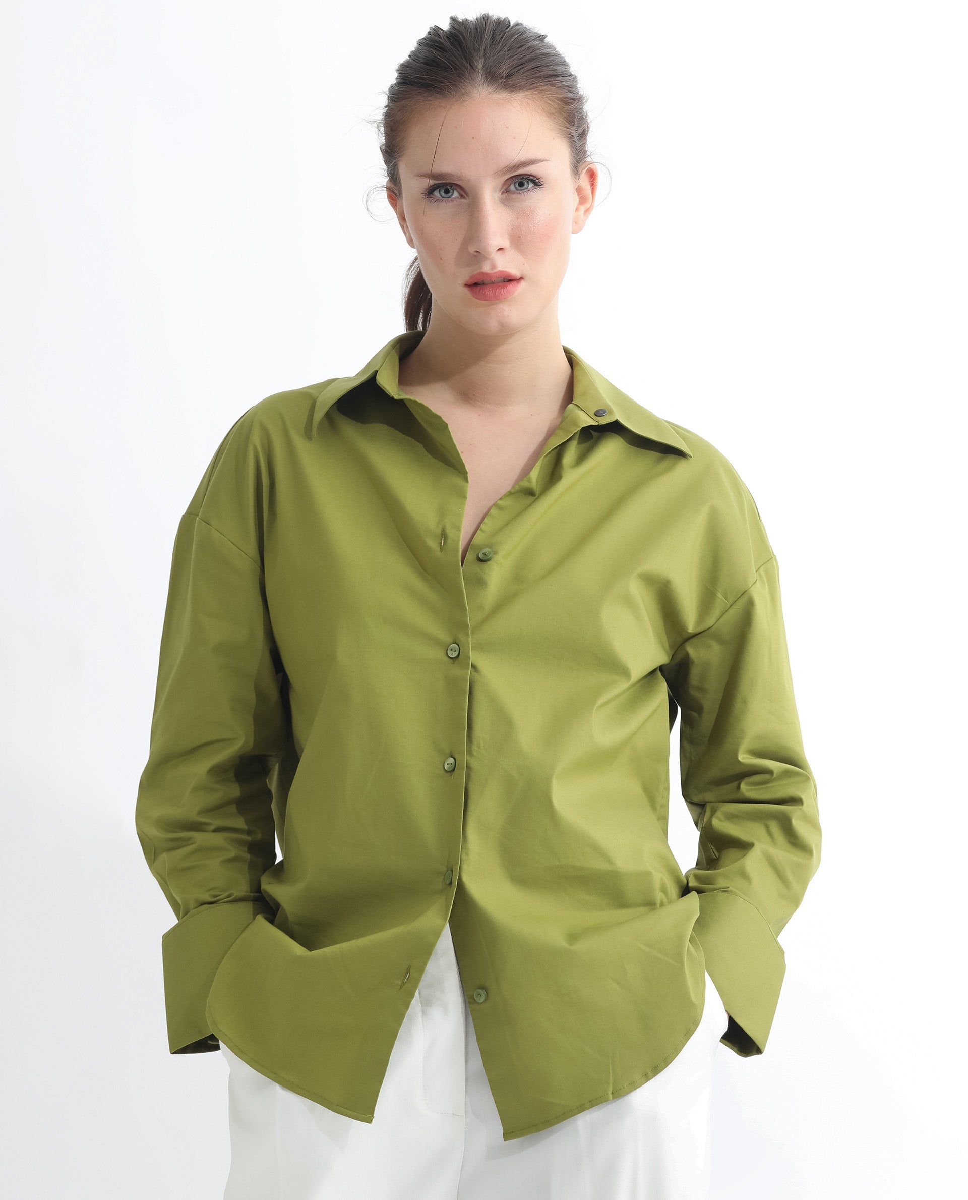 Rareism Women Klox Light Olive Cuffed Sleeve Shirt Collar Solid Shirt