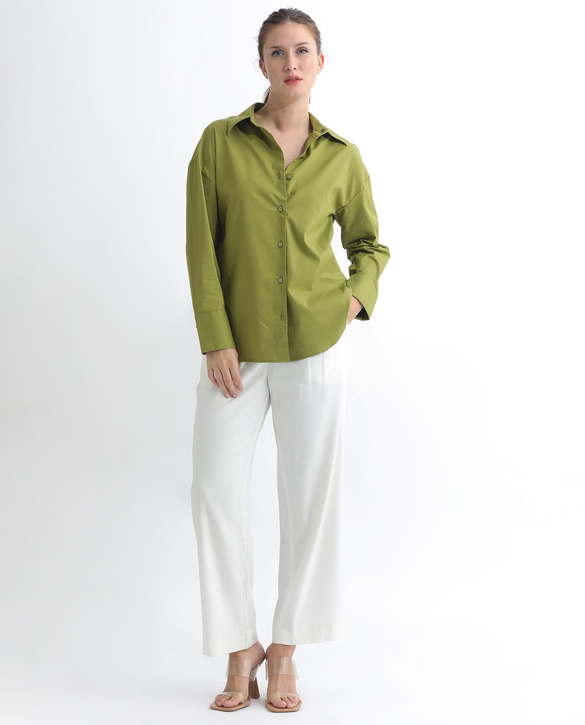Rareism Women Klox Light Olive Cuffed Sleeve Shirt Collar Solid Shirt