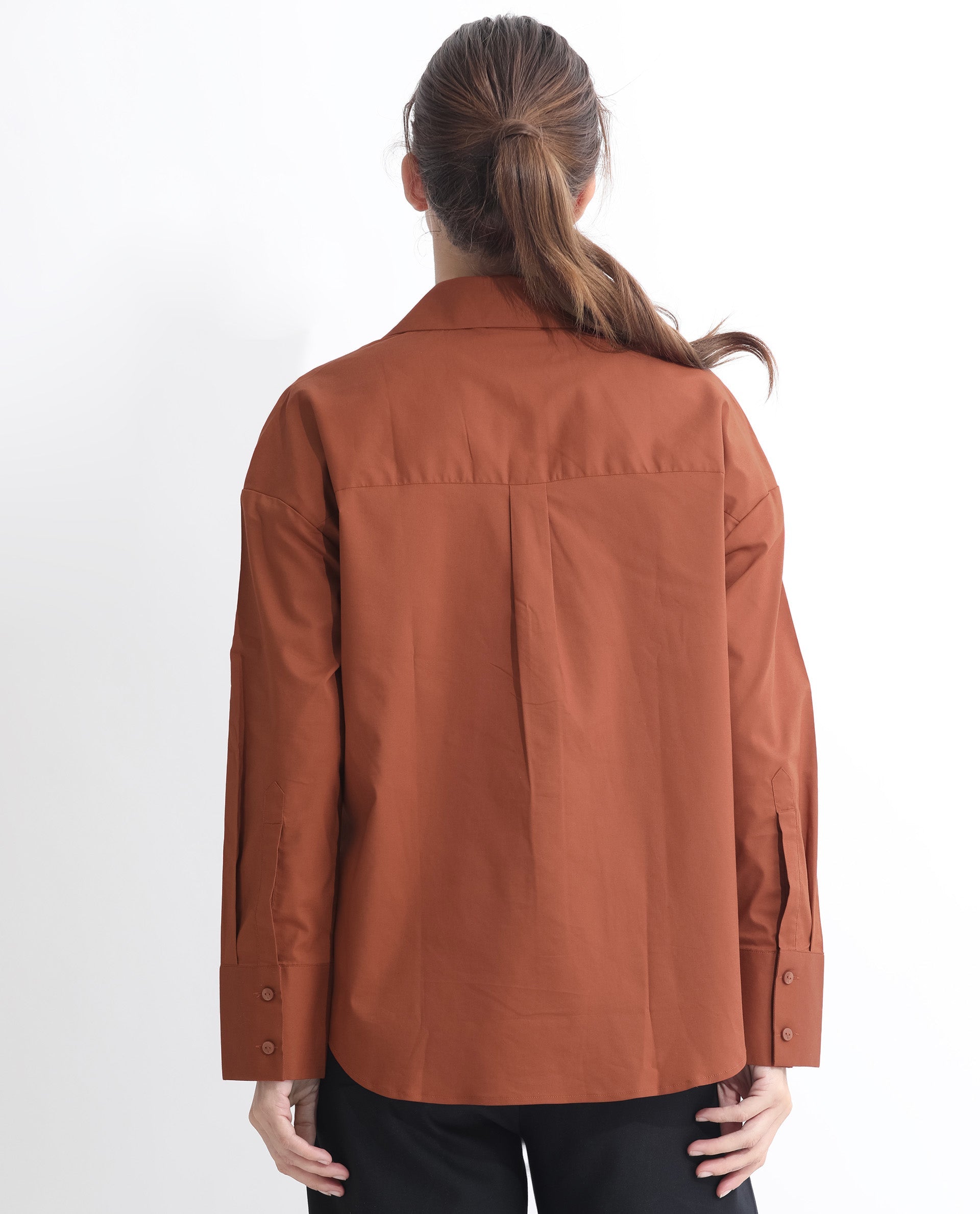 Rareism Women Klox Orange Cuffed Sleeve Shirt Collar Solid Shirt