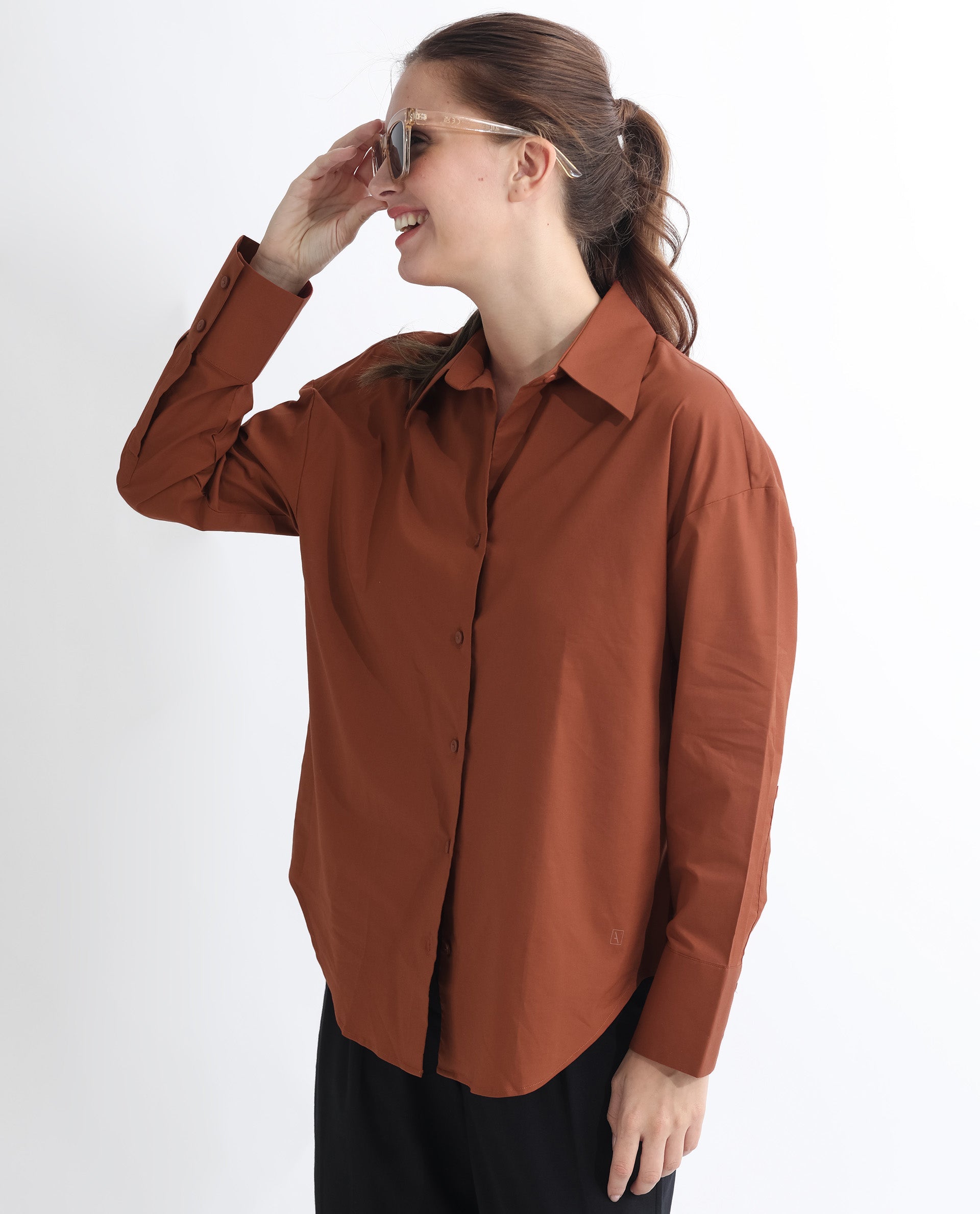 Rareism Women Klox Orange Cuffed Sleeve Shirt Collar Solid Shirt