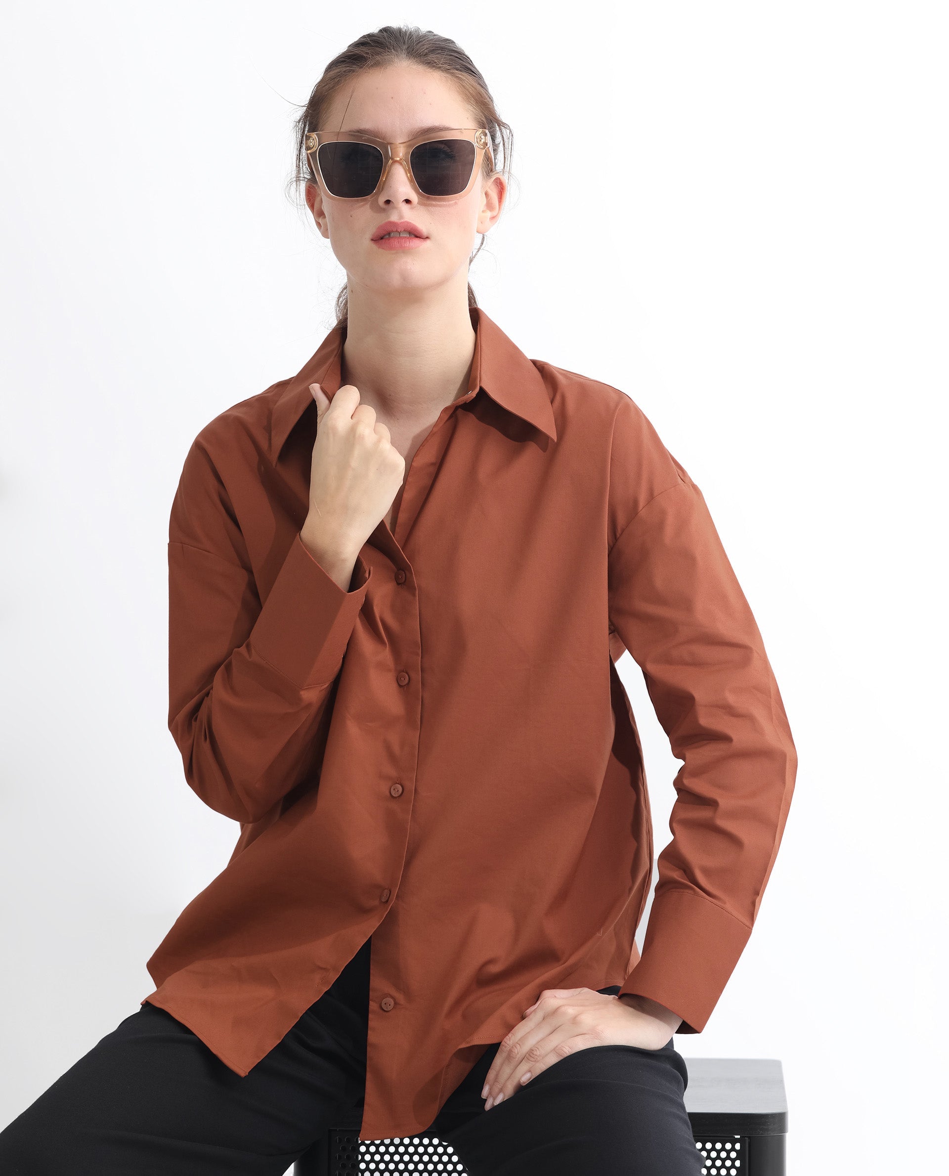 Rareism Women Klox Orange Cuffed Sleeve Shirt Collar Solid Shirt