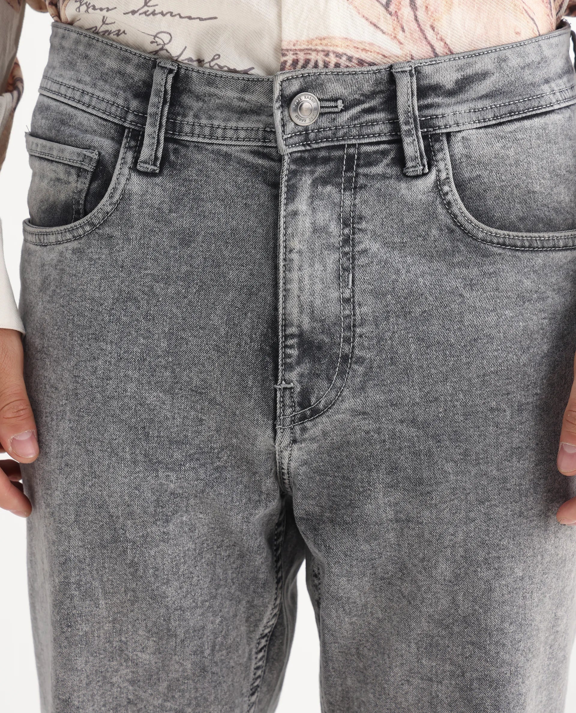 Rare Rabbit Men's Klune Light Grey Cotton Plain Hawk Slim Fit Jeans