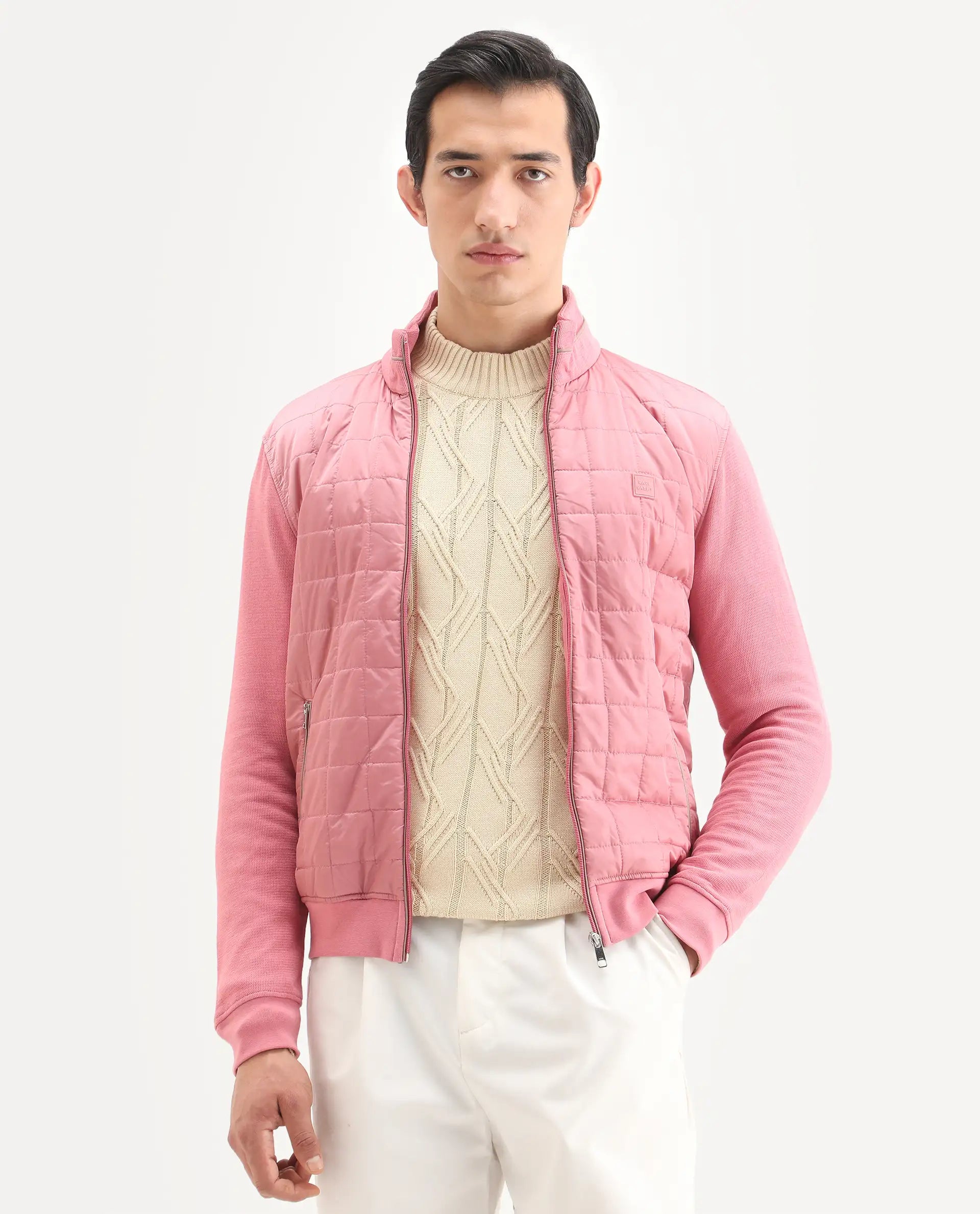 Rare Rabbit Men's Kneto Pink Cotton Plain Regular Fit Full Sleeve High Neck Jacket