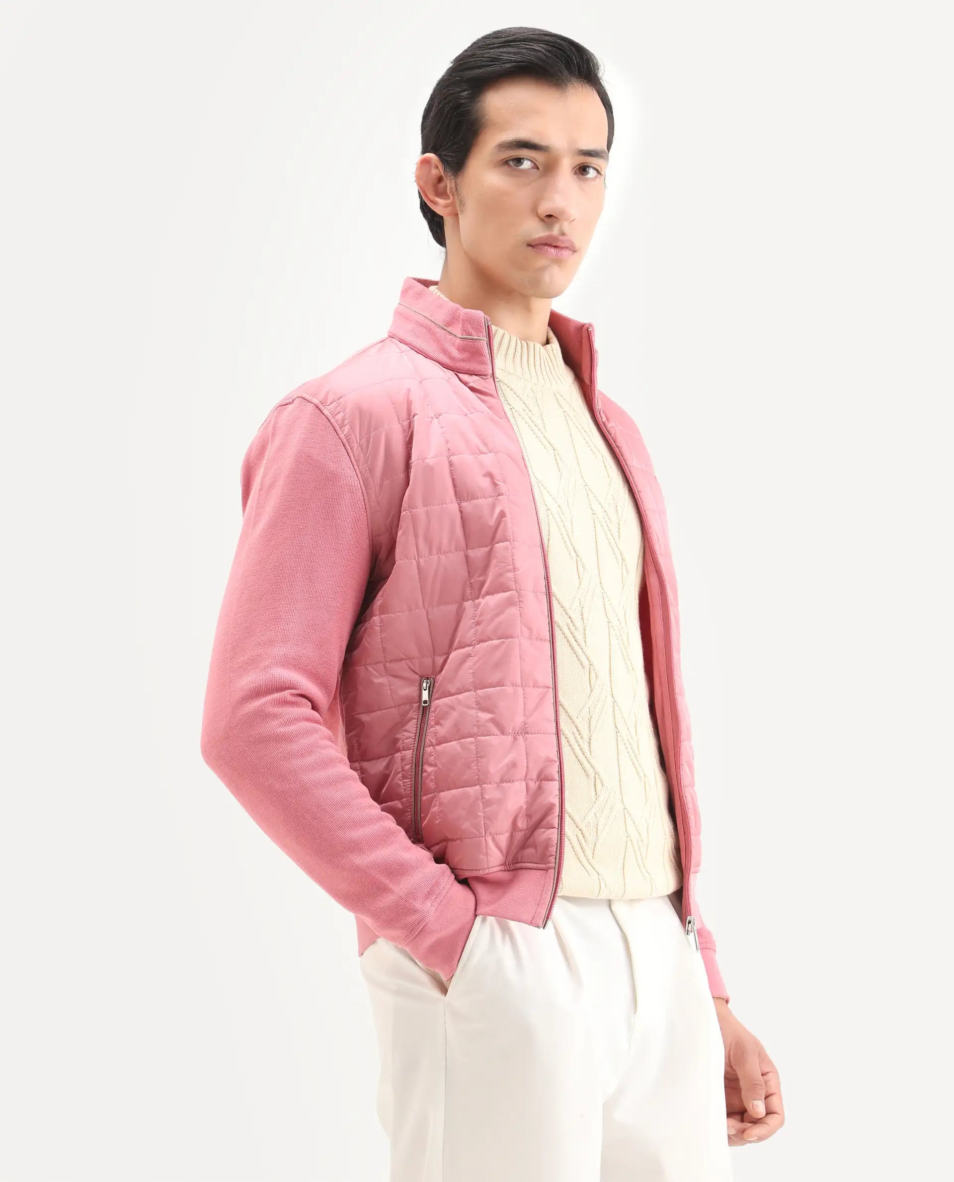 Rare Rabbit Men's Kneto Pink Cotton Plain Regular Fit Full Sleeve High Neck Jacket