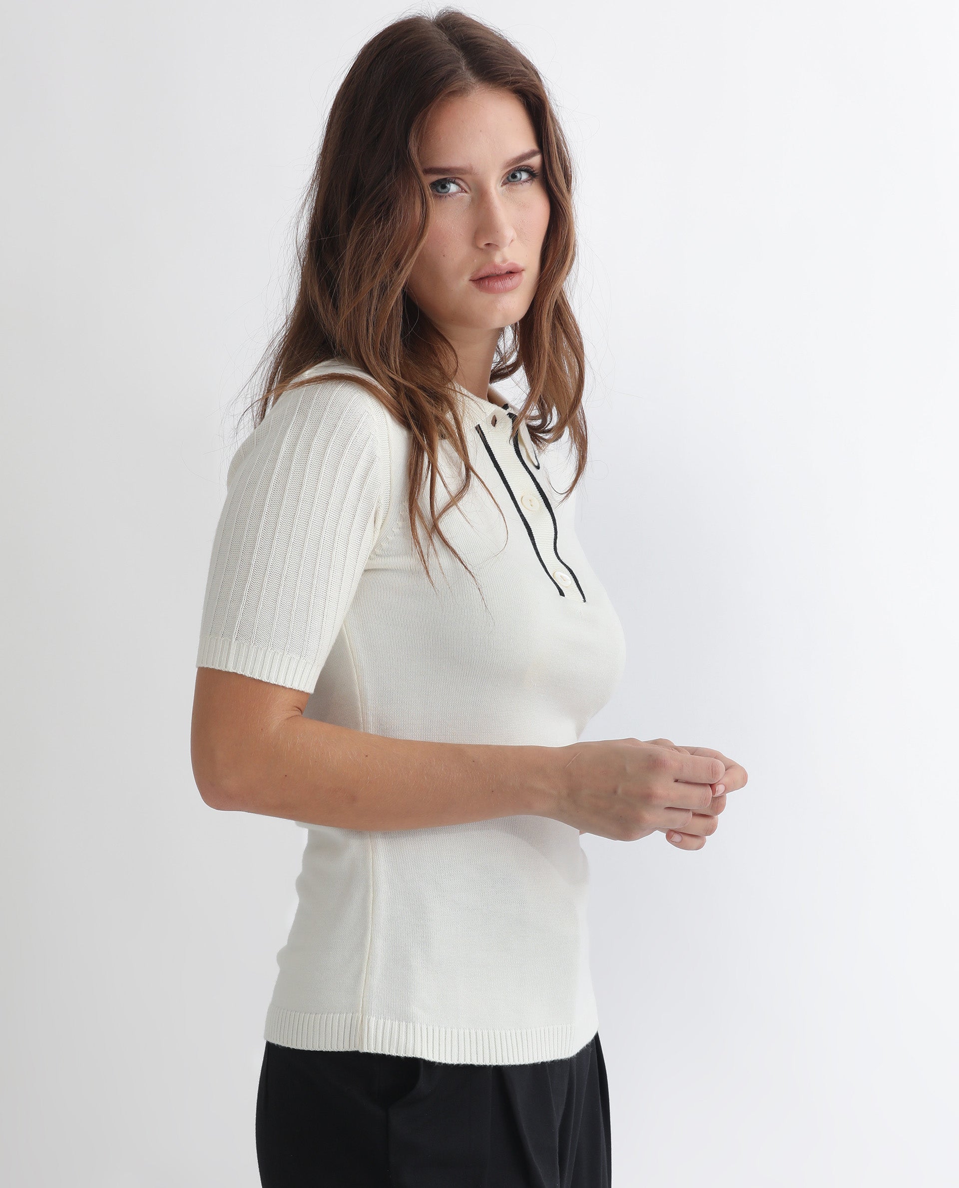 Rareism Women Knitup Off White Half Sleeves Regular Fit Solid Shirt Collar Sweater