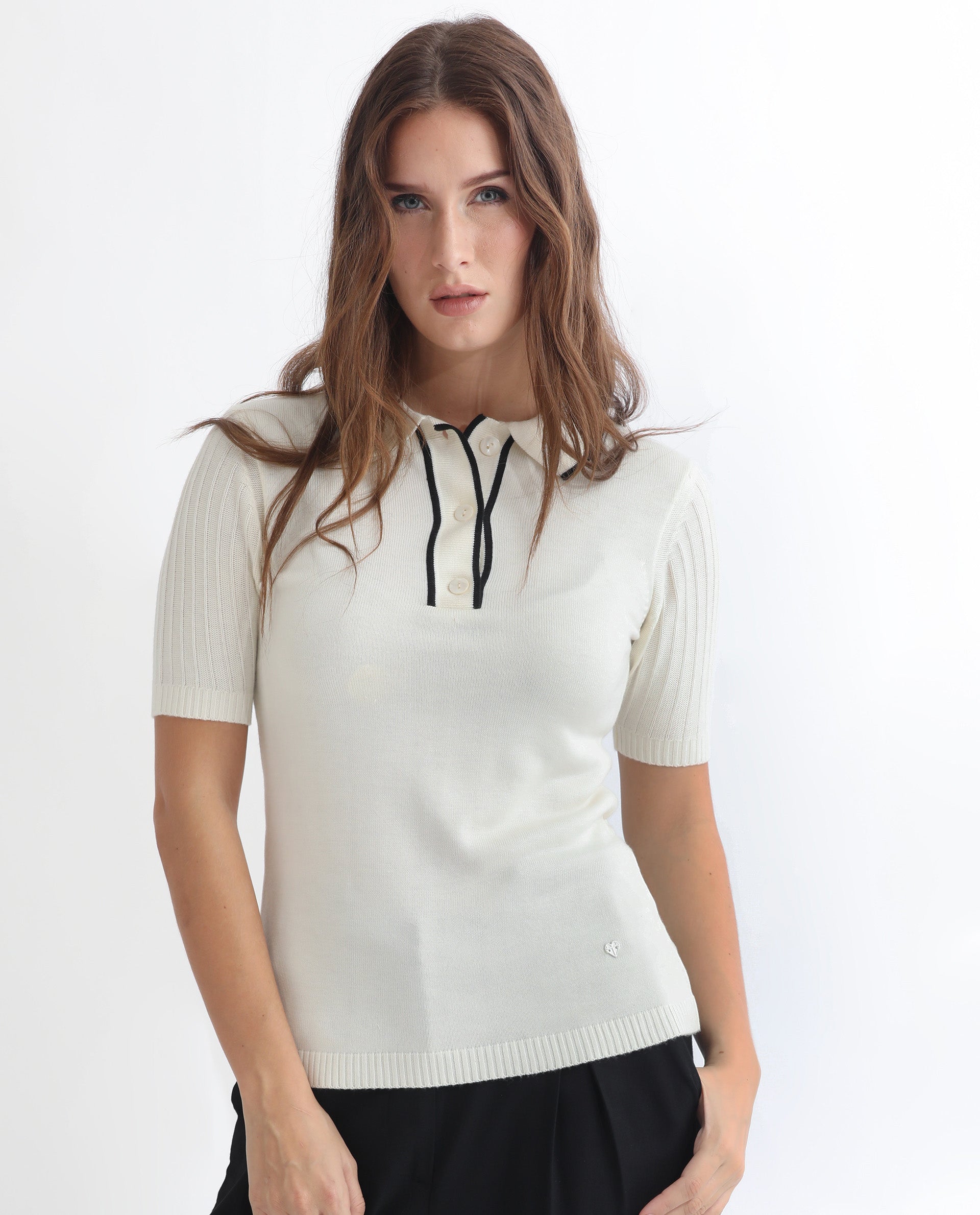 Rareism Women Knitup Off White Half Sleeves Regular Fit Solid Shirt Collar Sweater