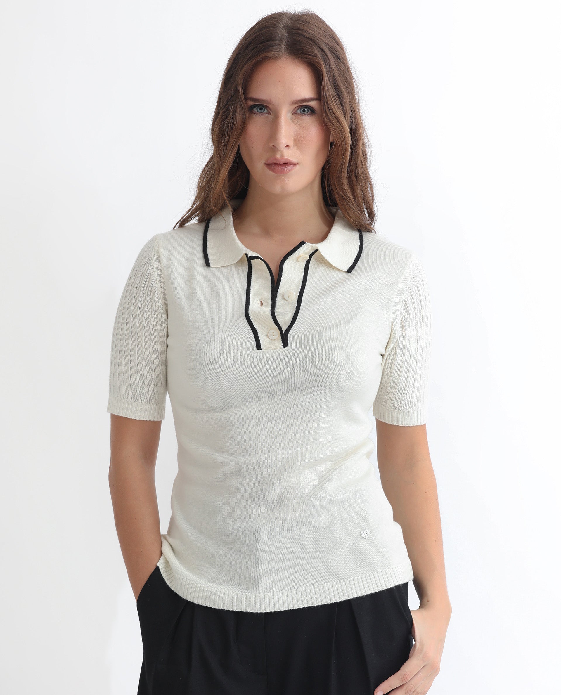 Rareism Women Knitup Off White Half Sleeves Regular Fit Solid Shirt Collar Sweater