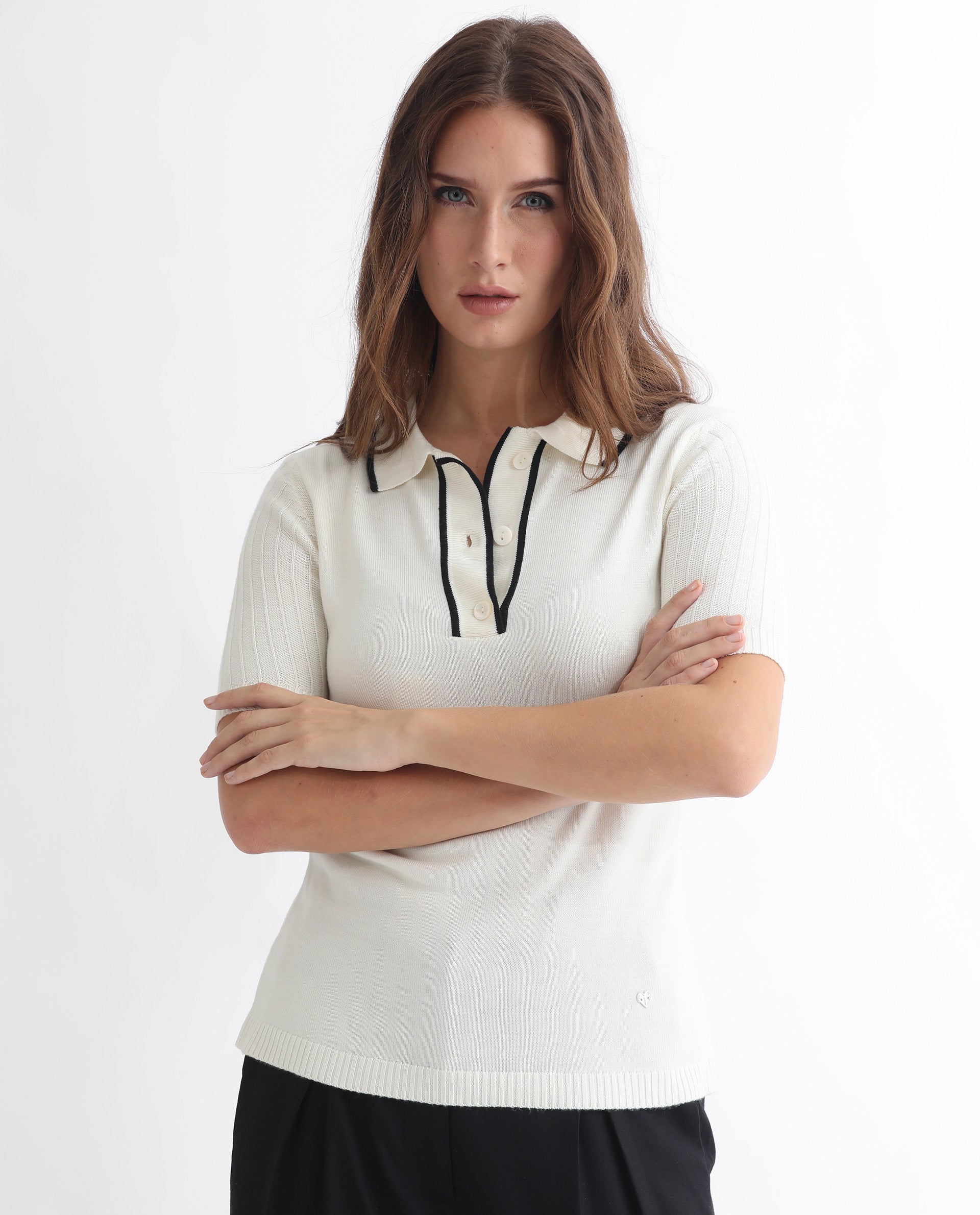 Rareism Women Knitup Off White Half Sleeves Regular Fit Solid Shirt Collar Sweater